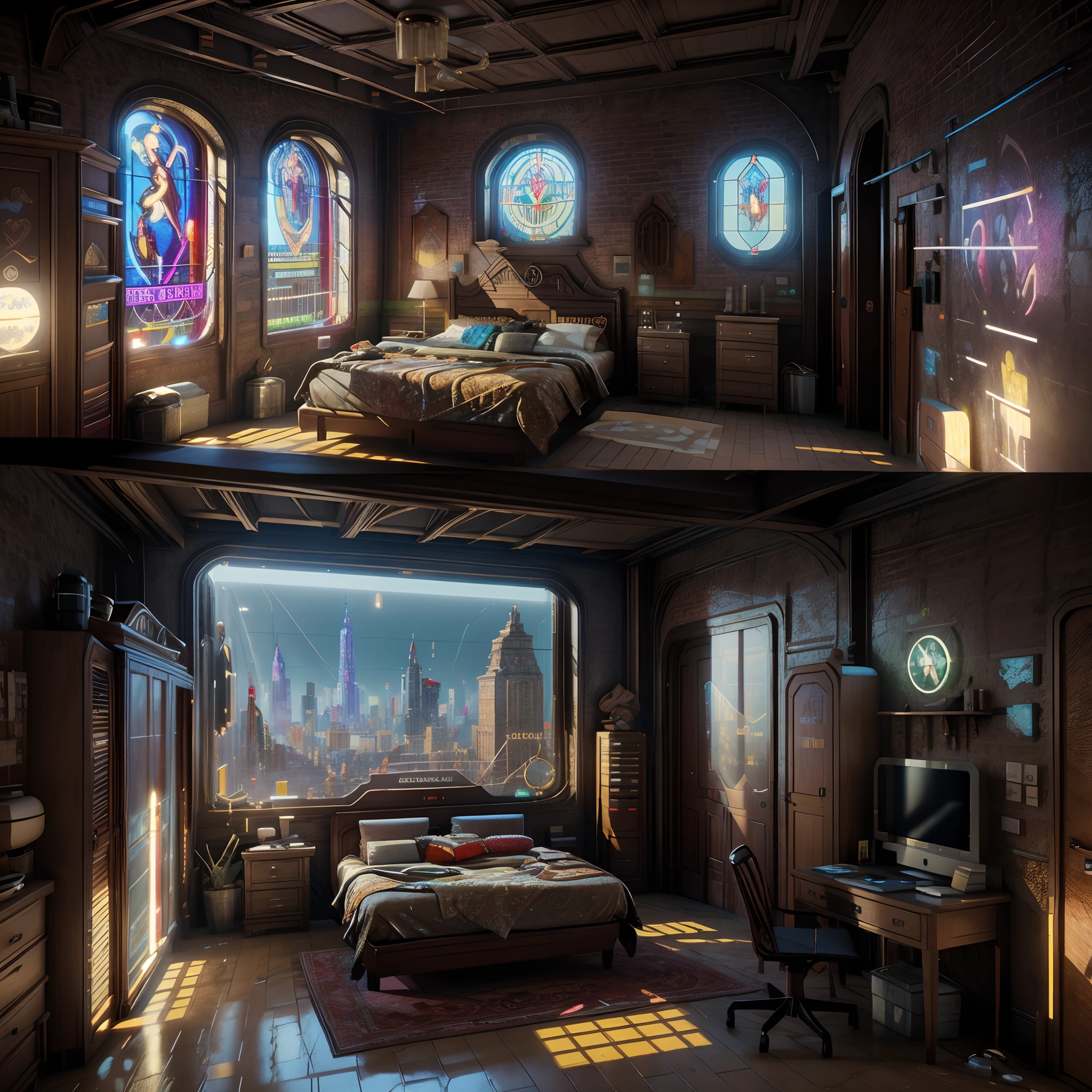 (((Generate an ornate bedroom in the style of Versailles with a big historical window.))) A hyperrealistic cyberpunk dreamscape cityscape is in the window. The cityscape is extremely detailed with many lights and LED neon colors and buildings of many different sizes. The cityscape has all colors of the rainbow and has hires interesting flying steampunk dirigibles. ((The cityscape is colorful.)) A giant steampunk standalone clock is seen ((through the window)). It is peaceful in the bedroom. The entire artwork is very realistic with many small details and enhancements. 3D render beeple, artstation and beeple highly, in fantasy sci-fi city, inspired by beeple, 8k, unreal engine unity CGI. Masterpiece and popular. Add many fantastical and beautiful details and nuances. (stained glass)