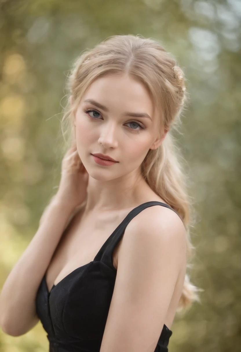 Jeune belle blonde aux cheveux longs, De face, the hair is gathered in a ponytail, on the other hand in a pig's tail, Poser pour une photo, semble droit, Yeux cyan, en pleine hauteur, Traits du visage attrayants, looks like a living woman, Age 22, jeune fille, en pleine hauteur, Robe noire, collants noirs, Belle image portrait