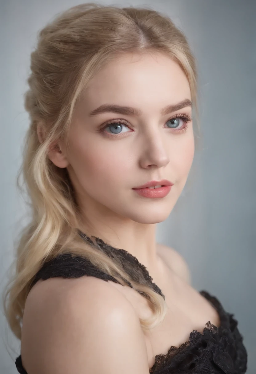 Jeune belle blonde aux cheveux longs, De face, the hair is gathered in a ponytail, on the other hand in a pig's tail, Poser pour une photo, semble droit, Yeux cyan, en pleine hauteur, Traits du visage attrayants, looks like a living woman, Age 22, jeune fille, en pleine hauteur, Robe noire, collants noirs, Belle image portrait