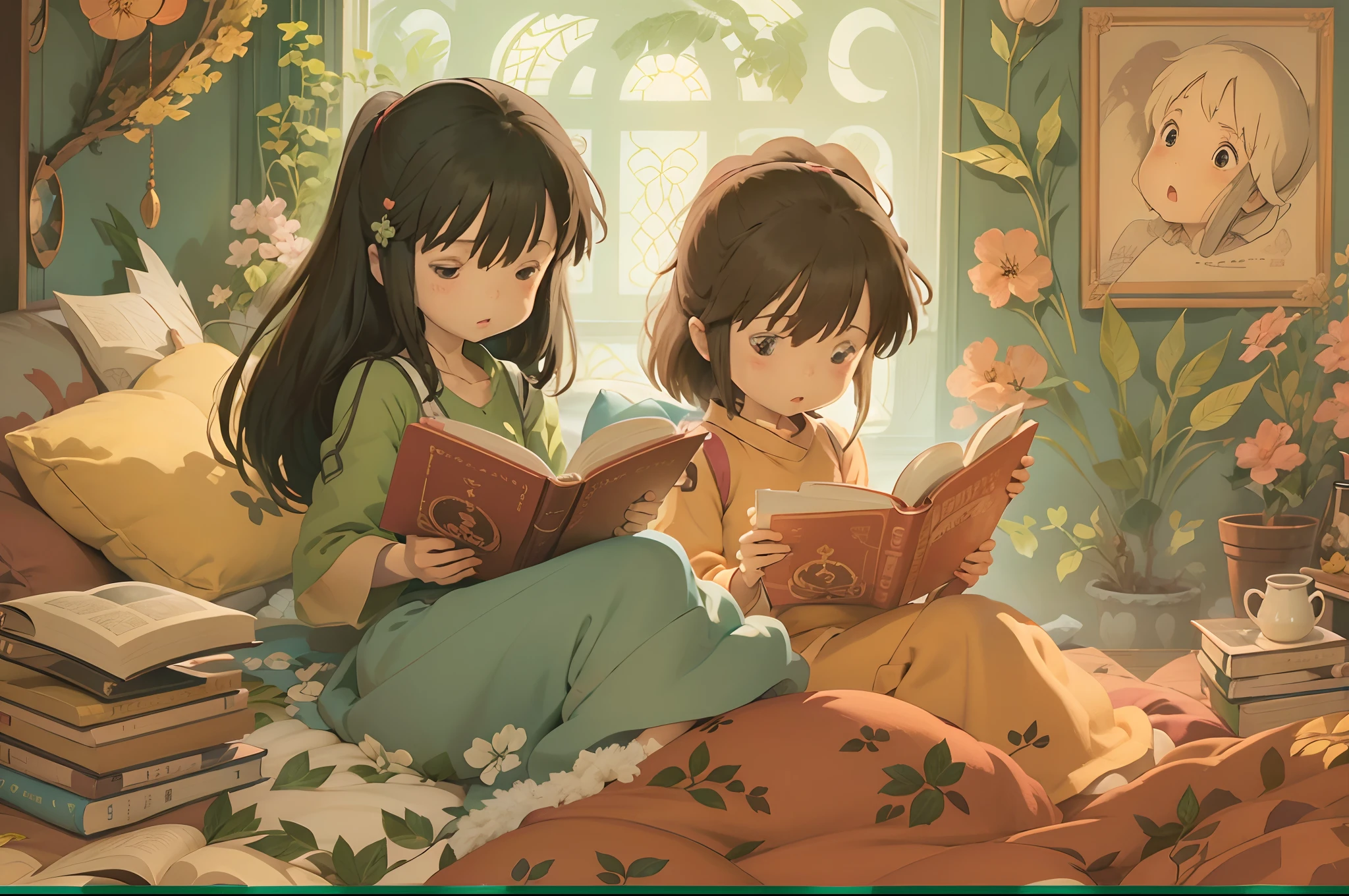 A digital illustration of two ****s immersed in reading on a bed, in the style of Hayao Miyazaki, with enchanting details, warm tones, and a touch of fantasy --v 5 --stylize 1000