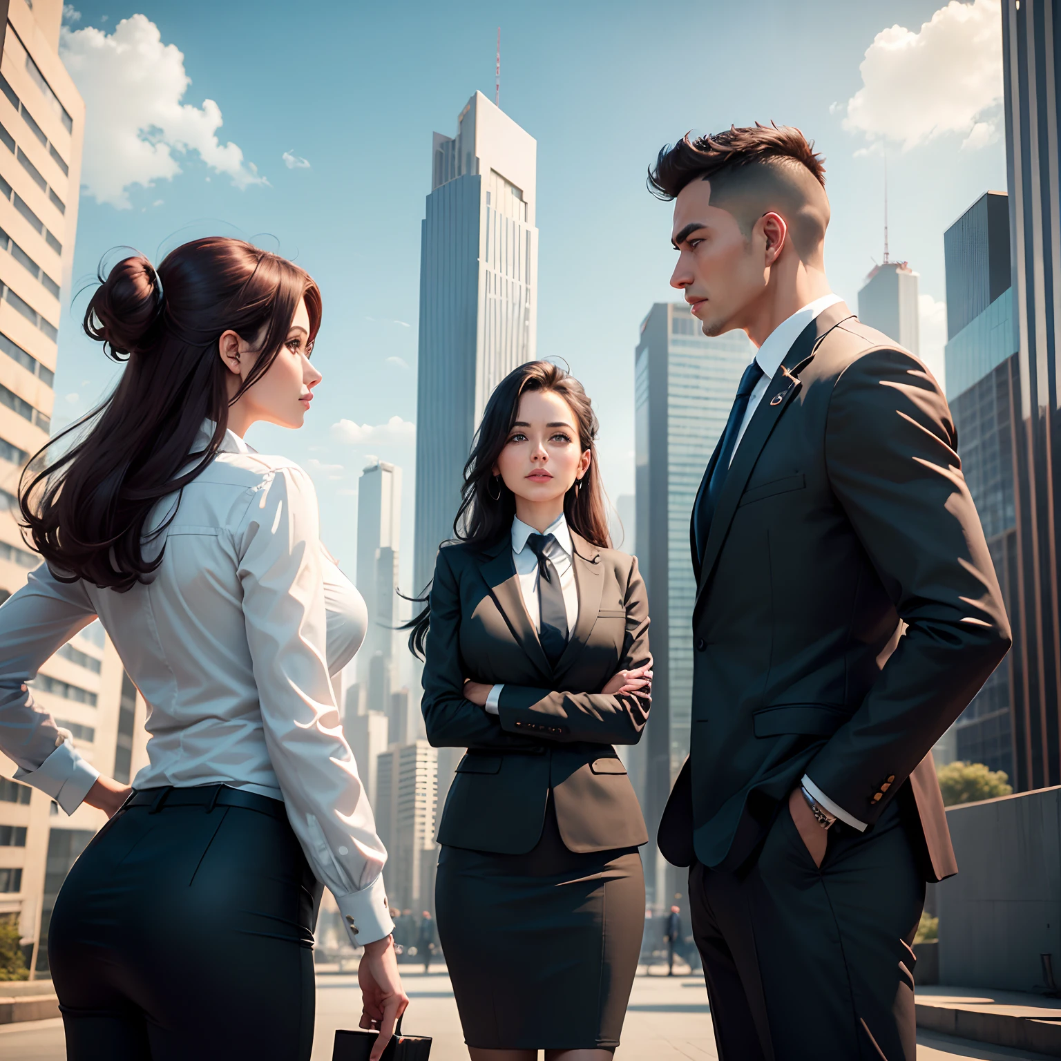 create an image of a couple of male and female businessmen seeing panoramic view with several Buildings under construction in a middle city neighborhood