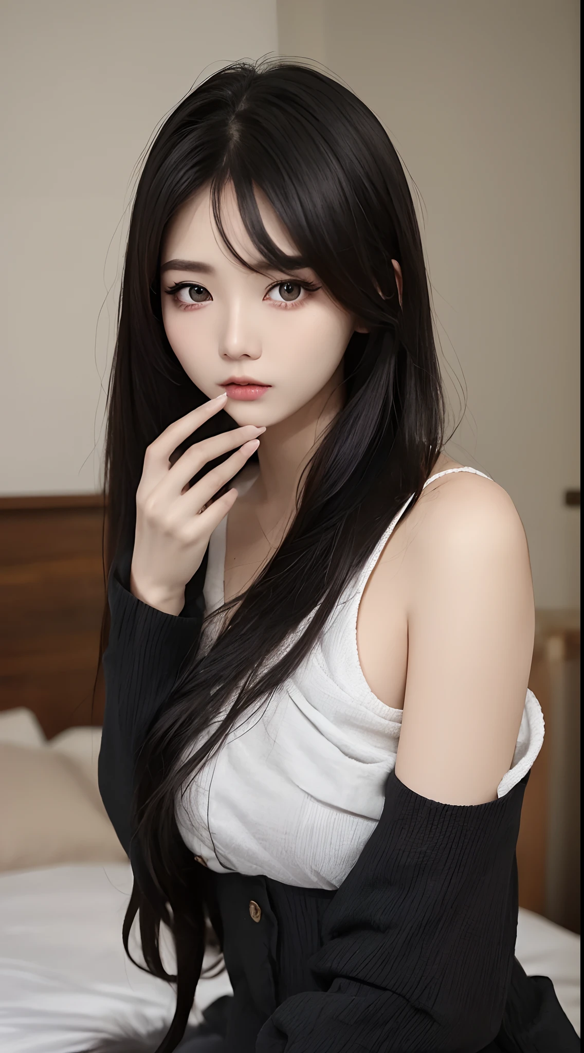 ​masterpiece、top-quality)、1 beutiful girl、Slim body、(Black and white plain clothes:1.1)、(Detailed beautiful eyes)、Photo session in the bedroom、in a house、((Black long-haired))、a small face、tall、((Light brown eyes))、((Korean Girl))、((cool lady))、((Wild look))、((Korean Makeup))、((glare at viewer))、((elongated and sharp eyes))