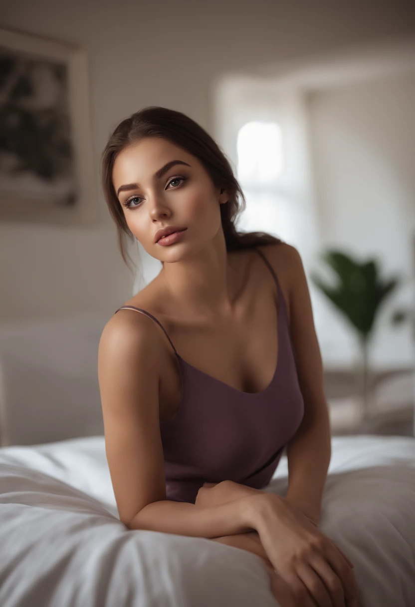 A Hispanic girl with a beautiful seductive face, 24 years old, realistic:1.2 ,torn off-the-shoulder minimalist transparent dress, short dark blonde, ponytail, sexy alluring sensual look at the camera ,slim body, showing side armpit , booty ,perfect skin, sexy eyes, detail skin texture ,body full of sweat, full waist up pose ,upper knees pose , damp , cleavage