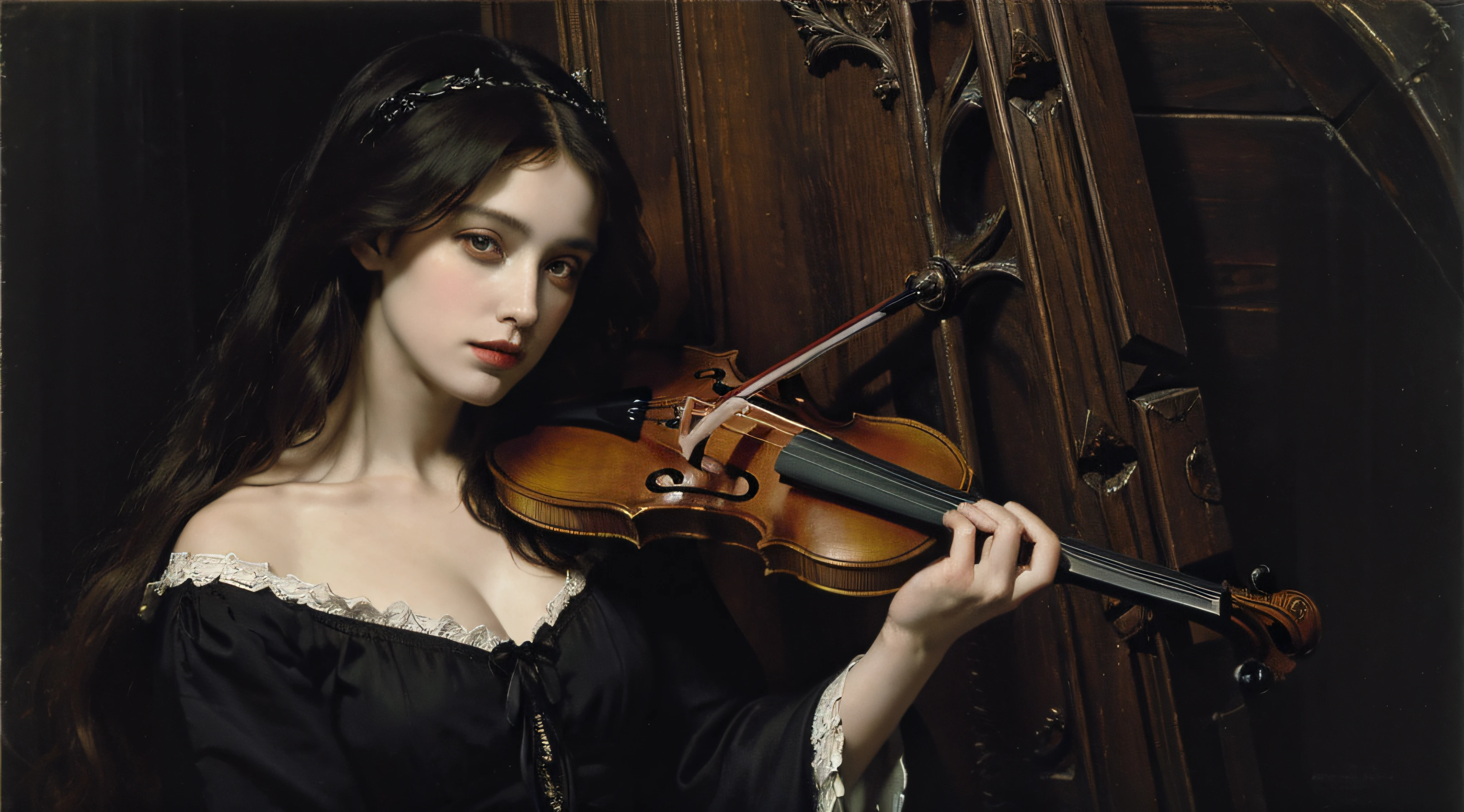 Pre-Raphaelites, grim reaper, death, plays violin, dancing souls, gothic atmosphere, dark, gloomy, cathedral background, oil painting, medieval