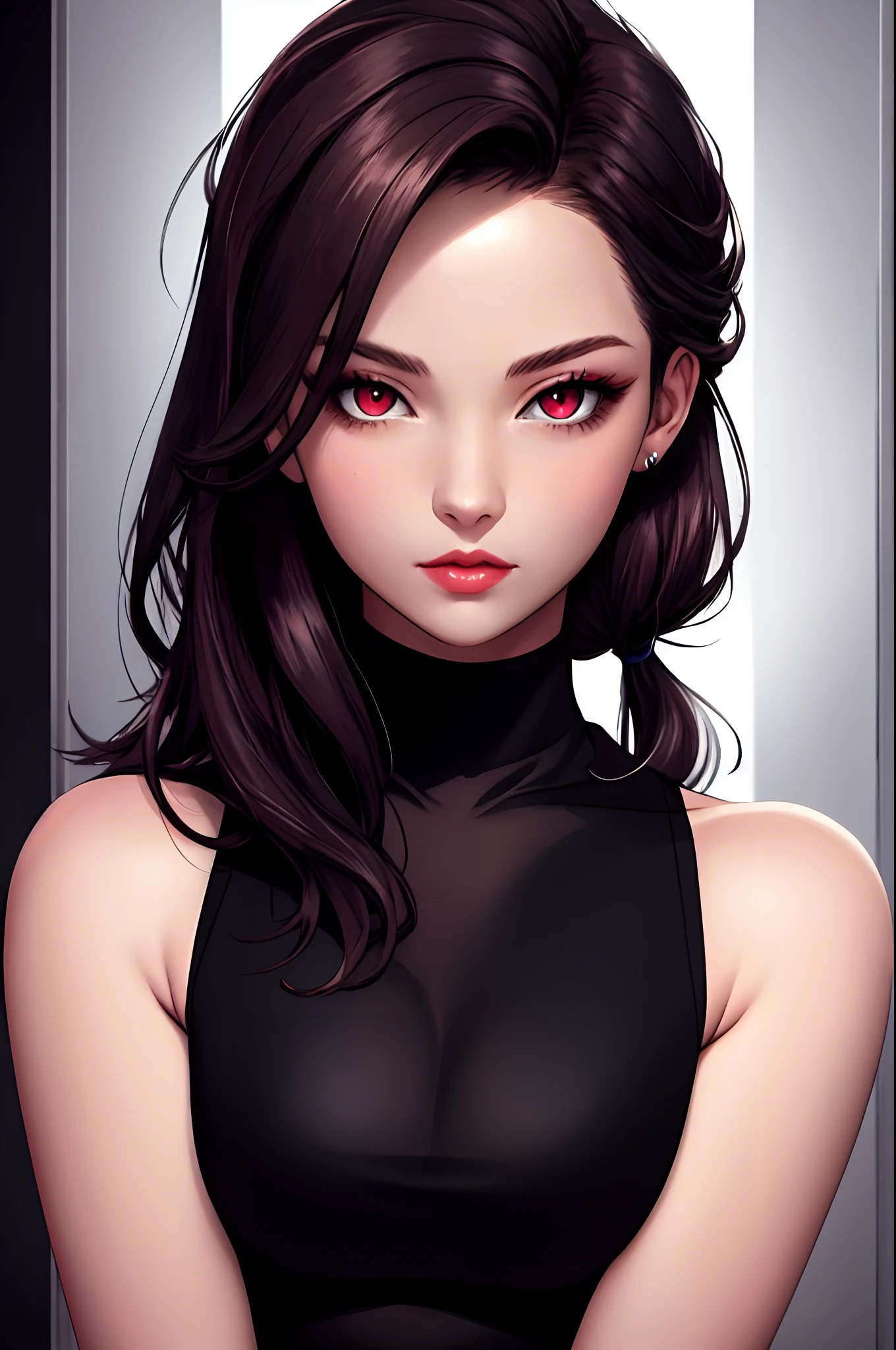 ultra realism, Masterpiece, hdr, adult girl, Portrait, perfect body, cold look, Rich red eyes, Deep vision correction, eyebrow shine, lipgloss, narrow nose, Rich white hair, ponytail, Perfect hair, atlas top, dark ambient