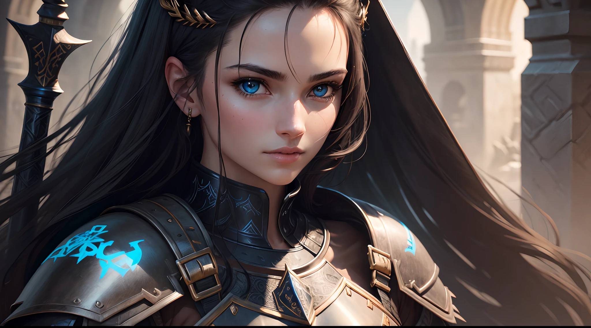 (best quality,ultra-detailed,realistic),portrait,woman,knight,beautiful detailed face,detailed eyes,staring at the horizon,standing,holding a black sword with blue runes on it,black armor with golden details on the shoulders and torso