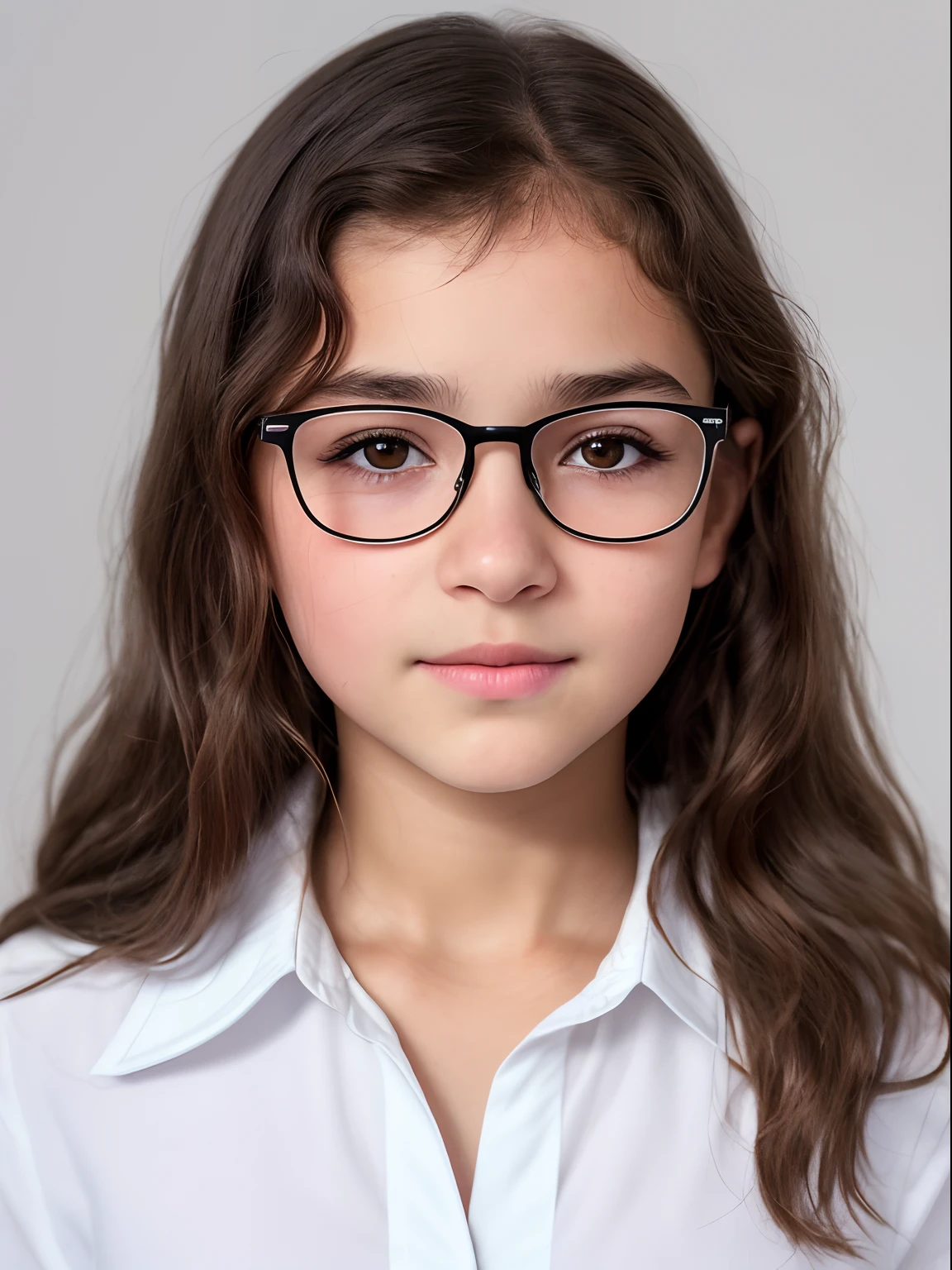 Realistic photo of an 11-year-old girl of European appearance, Thick, slightly curly brown hair below the shoulder blades;, Big shiny brown eyes, long eyelashes, eyeglasses, thick eyebrows, Serious, хмурая, A bored look, looks at the camera from under his eyebrows(a slight tilt of the head forward and down), In the look you can read the desire to leave here; white long-sleeved shirt, black jacket; Without cosmetics; Straight posture, Direct view(full face); Professional studio photography with a film SLR camera("Zorkiy-4"), (passport photo), hight resolution, detailed skin texture, natural lightin, 8K, Texture of the photo card