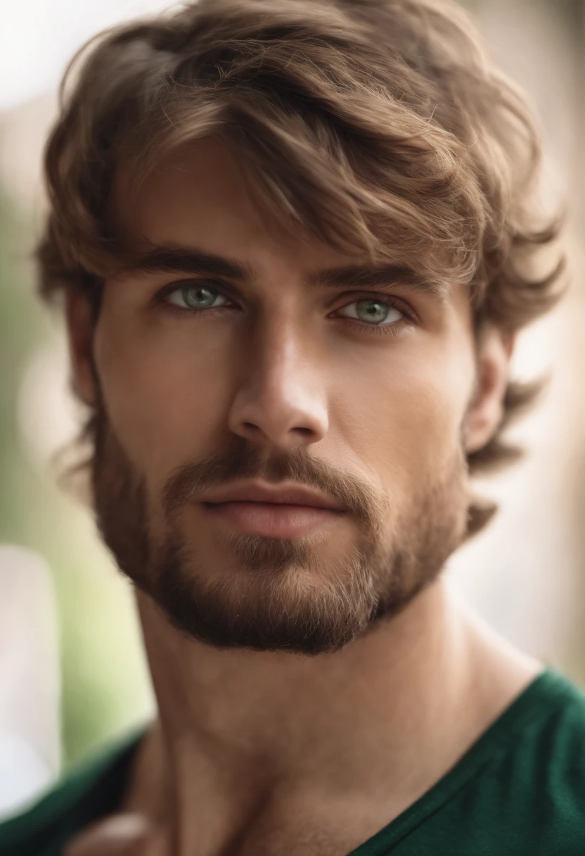 man, dark blond, short beard, short hair green eyes, 29 years old, heavyweight, looking directly at camera, close-up image, realistic, hd, 8k