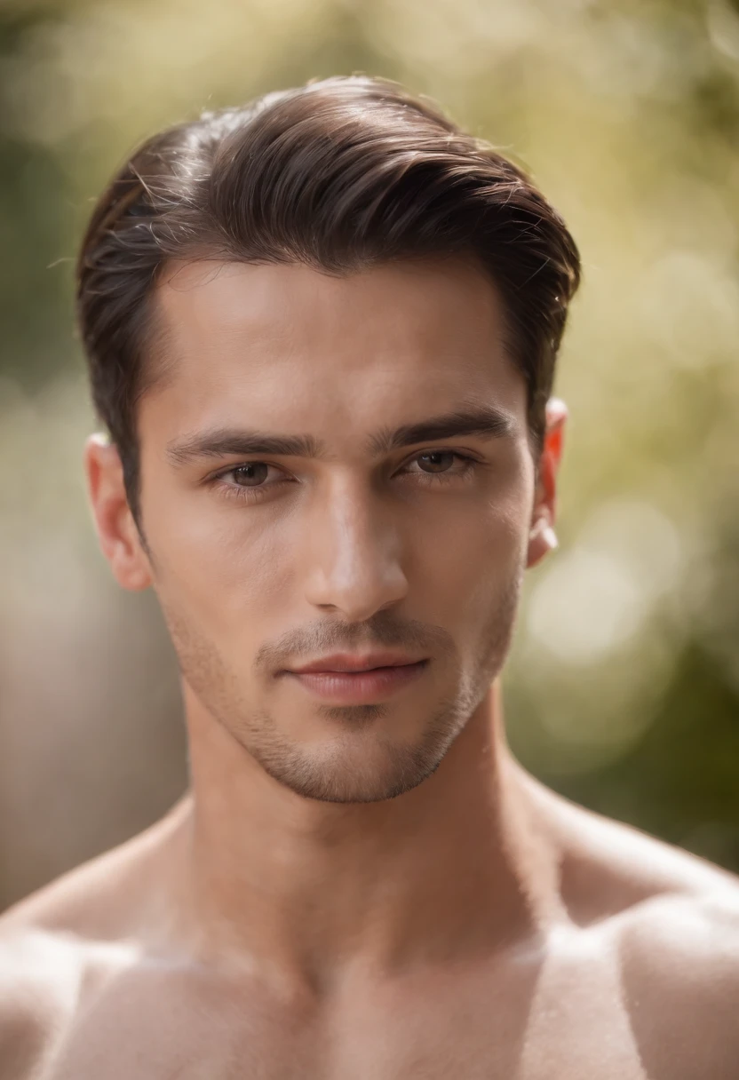 A 26-year-old handsome king with black slicked back hair and trimmed stubble, no shirt, Tanned, Bronzed Skin, Photograph of a man's body,