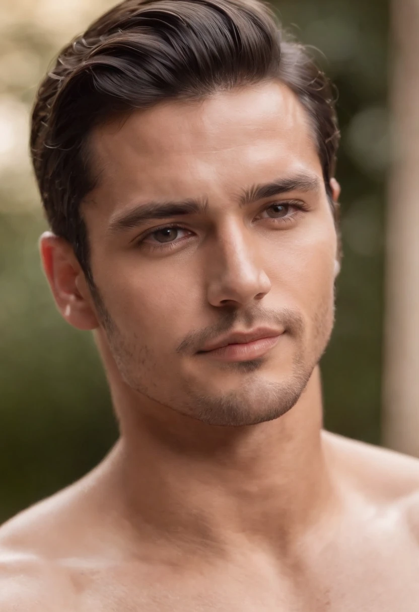 A 26-year-old handsome king with black slicked back hair and trimmed stubble, no shirt, Tanned, Bronzed Skin, Photograph of a man's body,