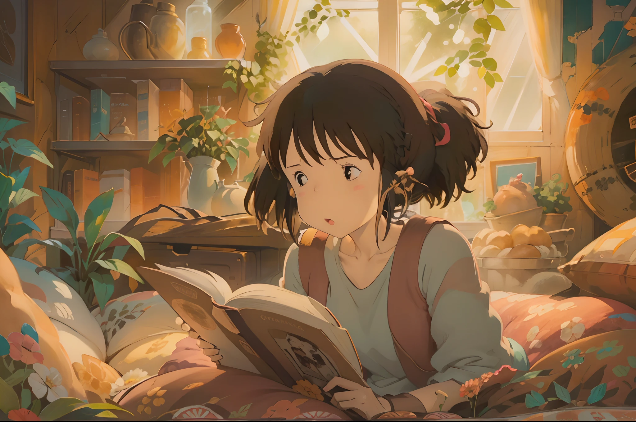 A digital illustration of 2 girls fully engrossed in reading on a comfortable bed, inspired by Hayao Miyazaki's style. The artwork should be filled with enchanting and captivating details, radiating a touch of fantasy. The girls should have beautiful, captivating eyes that are intricately detailed, as well as wonderfully delicate lips. The scene should be visually appealing, featuring a cozy and inviting environment.
The illustration should be created using various mediums, such as digital illustration, to enhance the overall visual effect. The attention to detail should be remarkable, ensuring that every element is depicted with utmost precision. The image should possess an extremely high quality, with a resolution of 4k or 8k, and be a masterpiece in its own right.
The style of the artwork should capture the essence of Hayao Miyazaki's renowned works, presenting a unique blend of imagination, storytelling, and vibrant visuals. The colors used should be warm and inviting, creating a soothing and cozy atmosphere. The lighting should be skillfully rendered, illuminating the scene in a soft and gentle manner.
Overall, the illustration should transport viewers into a world of wonder and magic, where they can fully immerse themselves in the joy of reading. The combination of Miyazaki's iconic style, enchanting details, warm tones, and a hint of fantasy should come together to create an awe-inspiring and captivating piece of art.
