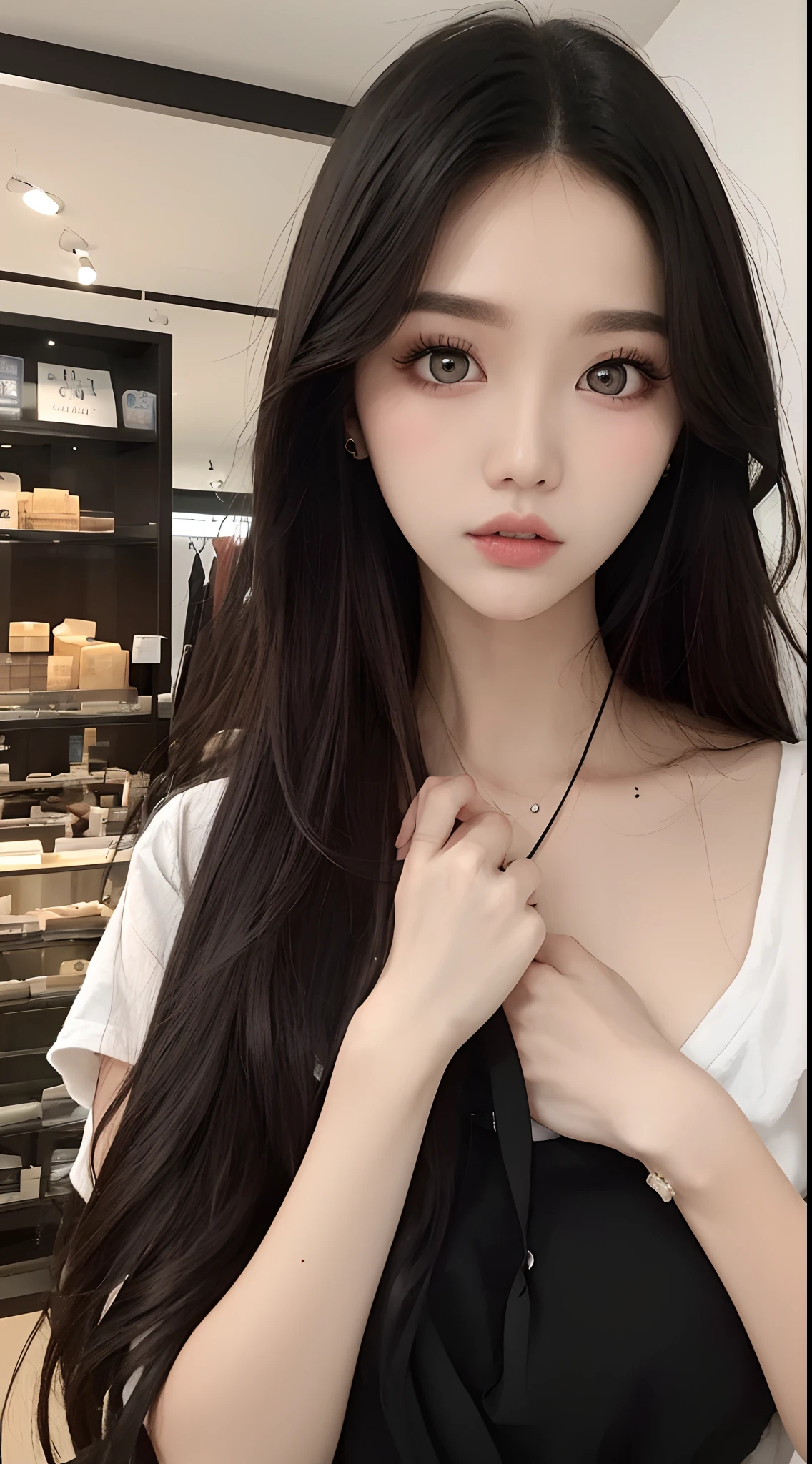 ​masterpiece、top-quality)、1 beutiful girl、Slim body、(Black and white plain clothes:1.1)、(Detailed beautiful eyes)、Photo session in the shop、Inside the store、((Black long-haired))、a small face、tall、((Light brown eyes))、((Korean Girl))、((cool lady))、((Wild look))、((Korean Makeup))、((glare at viewer))、((elongated and sharp eyes))