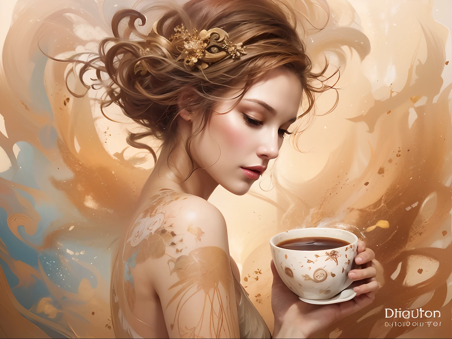 a painting of a woman holding a cup of coffee, gorgeous digital art, beautiful digital artwork, beautiful gorgeous digital art, beautiful digital art, karol bak uhd, beautiful art uhd 4 k, exquisite digital illustration, beautiful digital illustration, very beautiful digital art, a beautiful artwork illustration, stunning digital art, elegant digital painting, gorgeous digital painting, amazing digital art