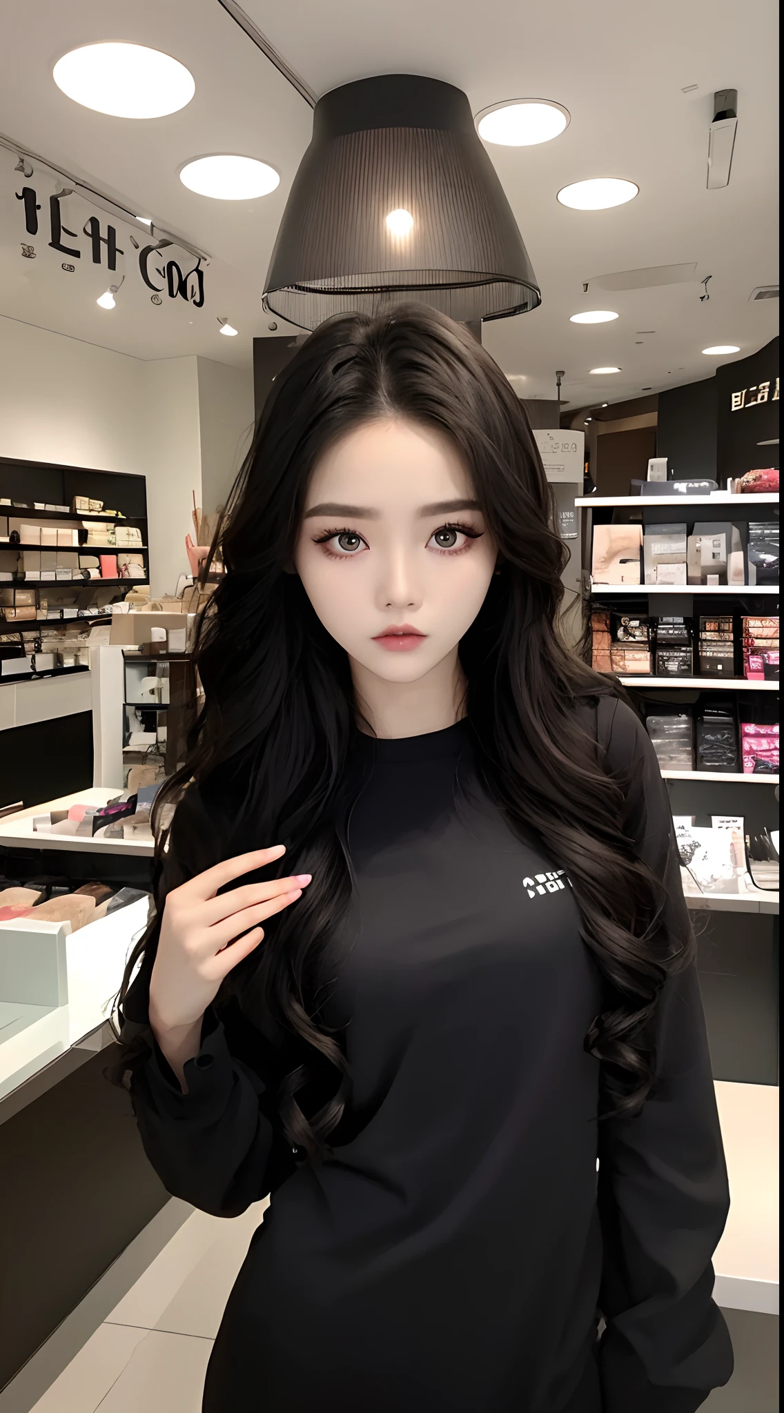masterpiece、top-quality)、1 beutiful girl、Slim body、(Black and white plain clothes:1.1)、(Detailed beautiful eyes)、Photo session in the shop、Inside the store、((Black long-haired))、a small face、tall、((Light brown eyes))、((Korean Girl))、((cool lady))、((Wild look))、((Korean Makeup))、((glare at viewer))、((elongated and sharp eyes))