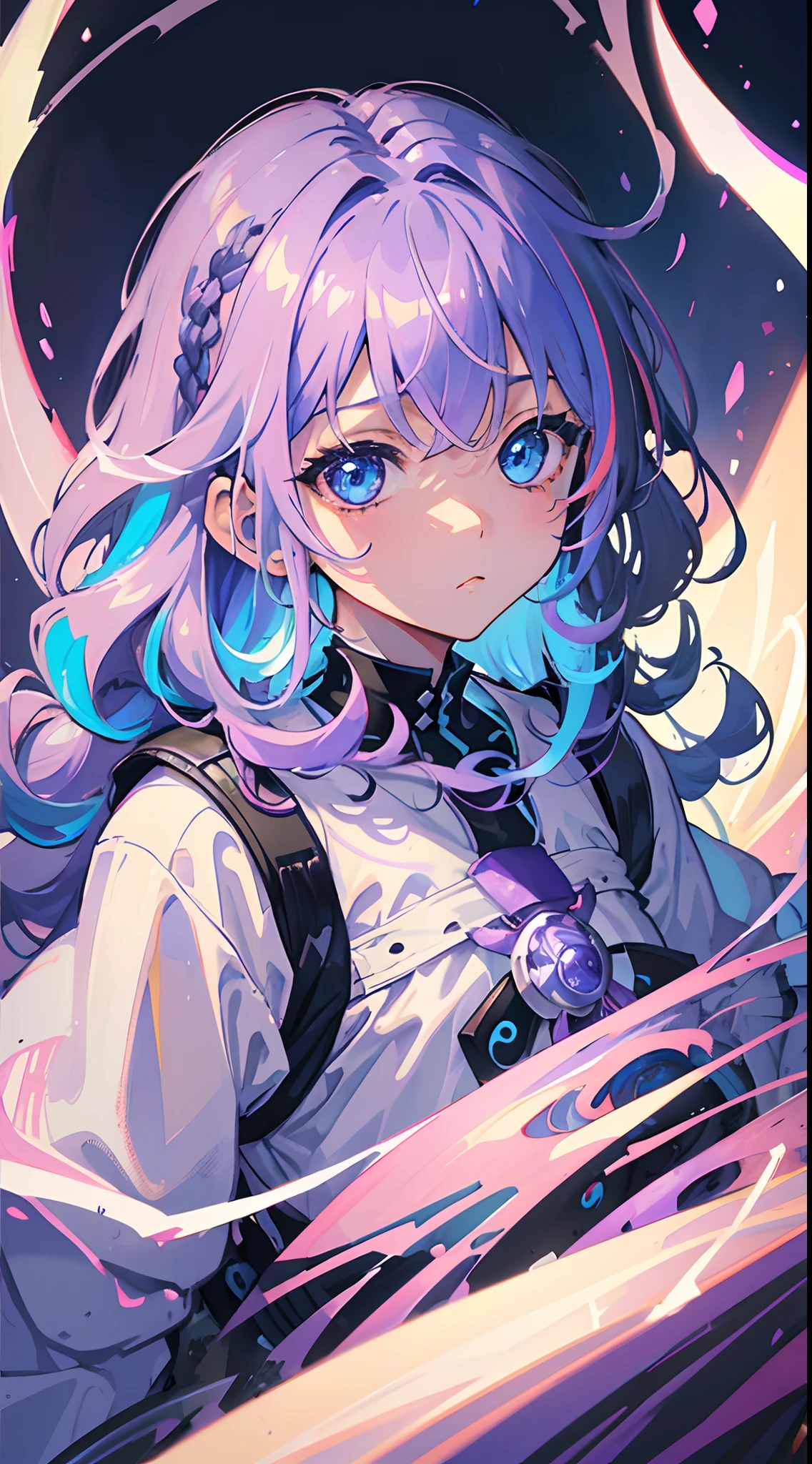 blue eyess、Light purple hair、Medium Hair、独奏、(top-quality、masterpiece)、(独奏)、waved hair、multicolored hair、simple background、punk