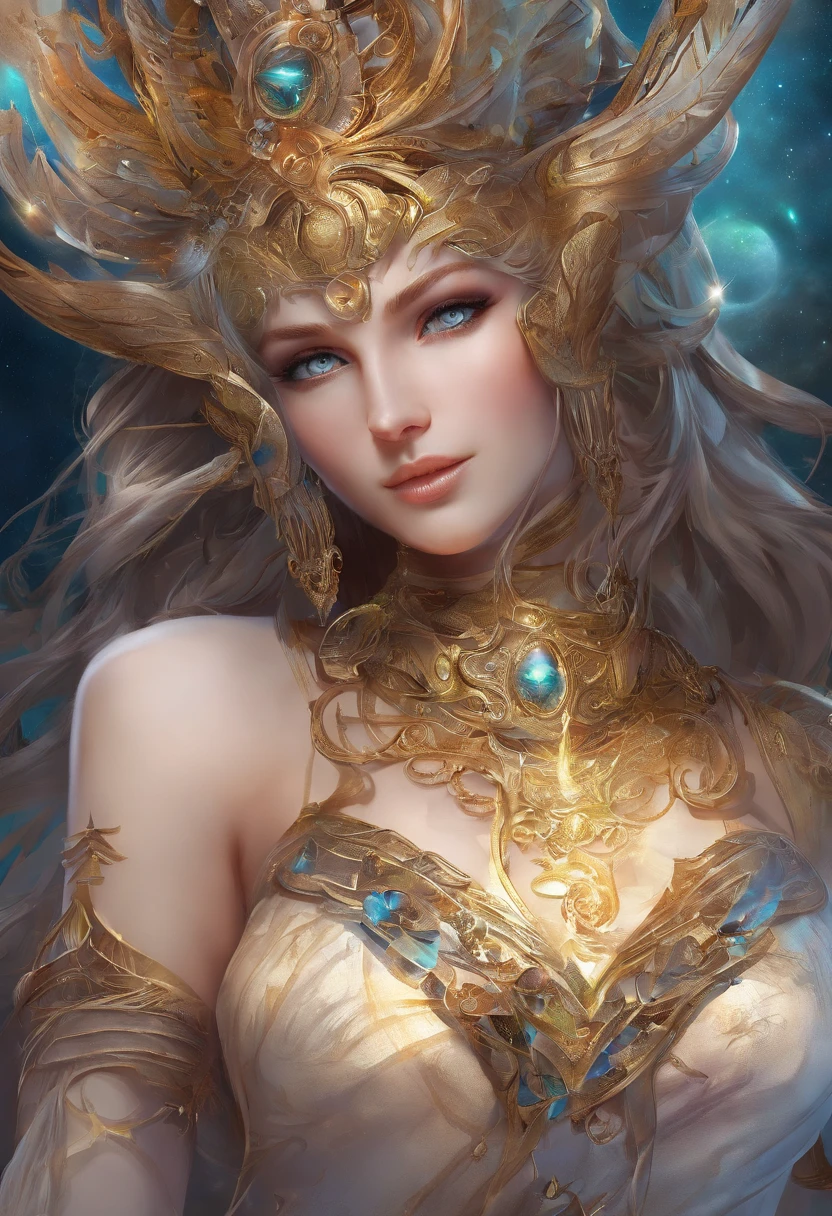 (best qualtiy,ultra - detailed,Most Best Illustration,Best shadow,tmasterpiece,A high resolution,professionalartwork,famousartwork),Detailed eyes,beautful eyes,closeup cleavage,sci-fy,colored sclera,Robot eyes,face markings,Tattooed with,(fractalized,Fractal eyes),largeeyes,Wide eyes,(Eye focus),sface focus,Cosmic eyes,Space eyes,Close-up of metal sculpture of a woman with a moon in her hair,goddes。extremly high detail,3 d goddess portrait,Extremely detailed footage of the goddess,a stunning portrait of a goddess,Side image of the goddess,portrait of a beautiful goddess,Full body close-up portrait of the goddess,hecate goddess,portrait of a norse moon goddess,goddess of space and time, silver and platinum suits