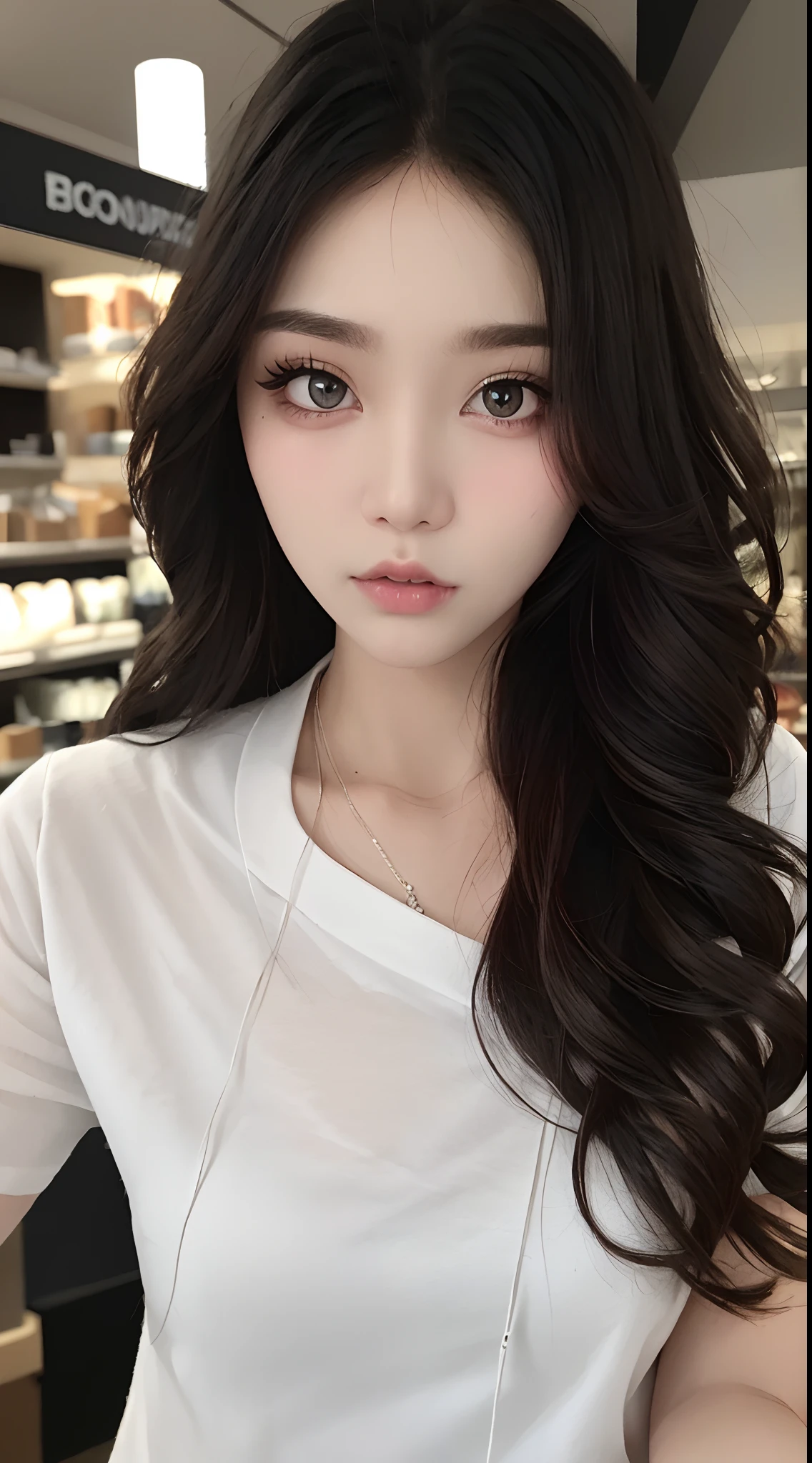 masterpiece、top-quality)、1 beutiful girl、Slim body、(Black and white plain clothes:1.1)、(Detailed beautiful eyes)、Photo session in the shop、Inside the store、((Black long-haired))、a small face、tall、((Light brown eyes))、((Korean Girl))、((cool lady))、((Wild look))、((Korean Makeup))、((glare at viewer))、((elongated and sharp eyes))