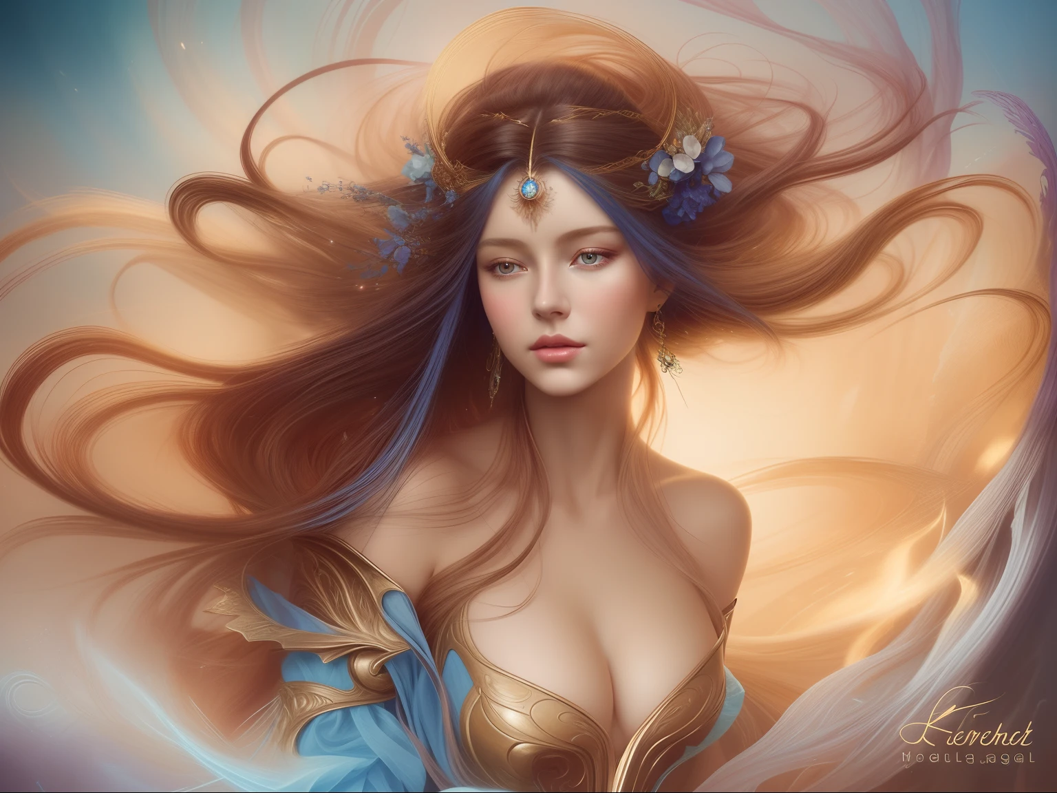 painting of a woman with long hair and a blue dress, karol bak uhd, gorgeous digital art, beautiful gorgeous digital art, beautiful digital artwork, beautiful fantasy art portrait, beautiful digital art, beautiful art uhd 4 k, very beautiful digital art, digital art fantasy art, karol bak and peter mohrbacher, beautiful fantasy portrait, digital art fantasy
