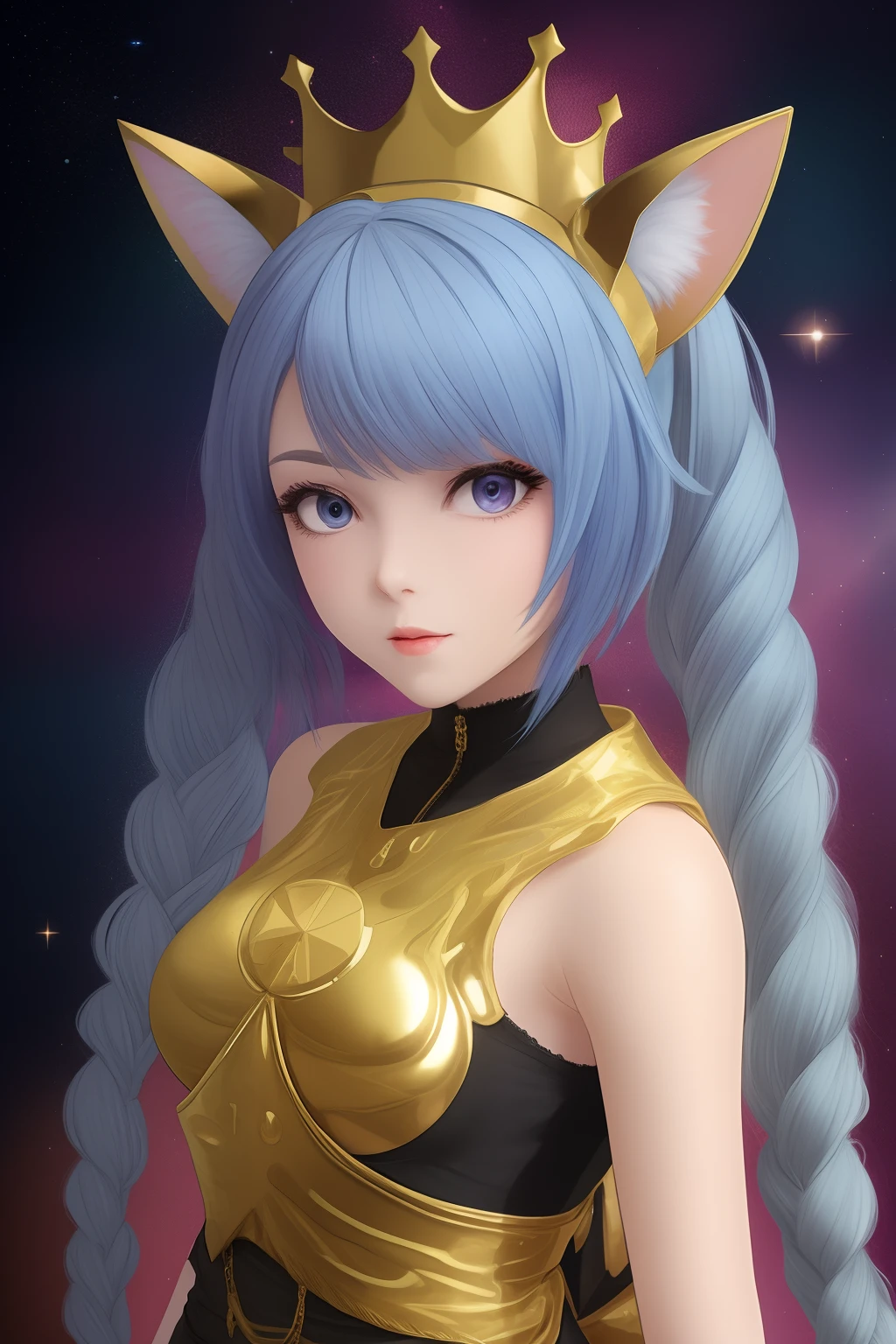 Girl with blue hair turning into light blue braided in two ponytails, Dark pink eyes, cat ears and tail, black purple dress, but the head has a crest in the form of a golden crown, Golden Checker with Big Star, Gold bracelets, blue sneakers, Against the backdrop of space