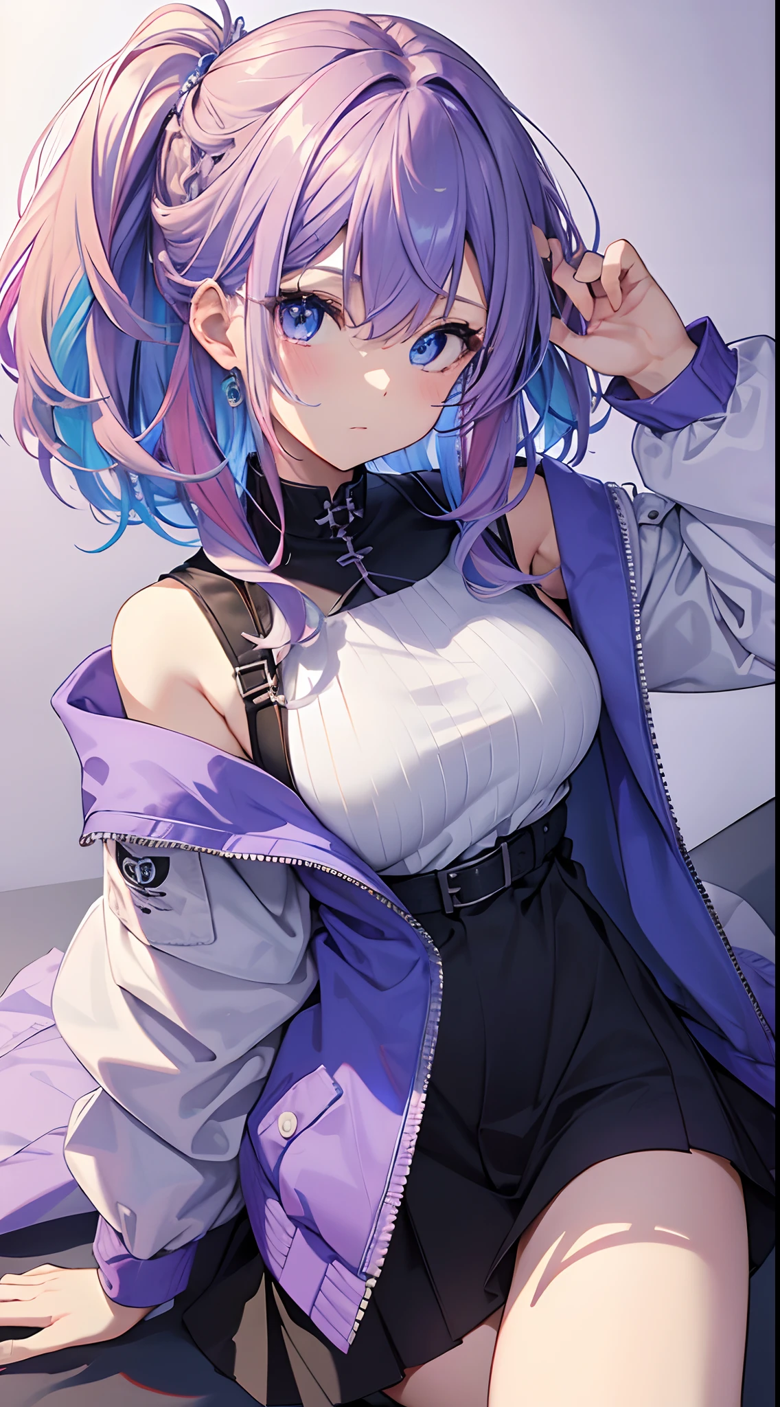 blue eyess、Light purple hair、Medium Hair、独奏、(top-quality、masterpiece)、(独奏)、waved hair、multicolored hair、simple background、punk