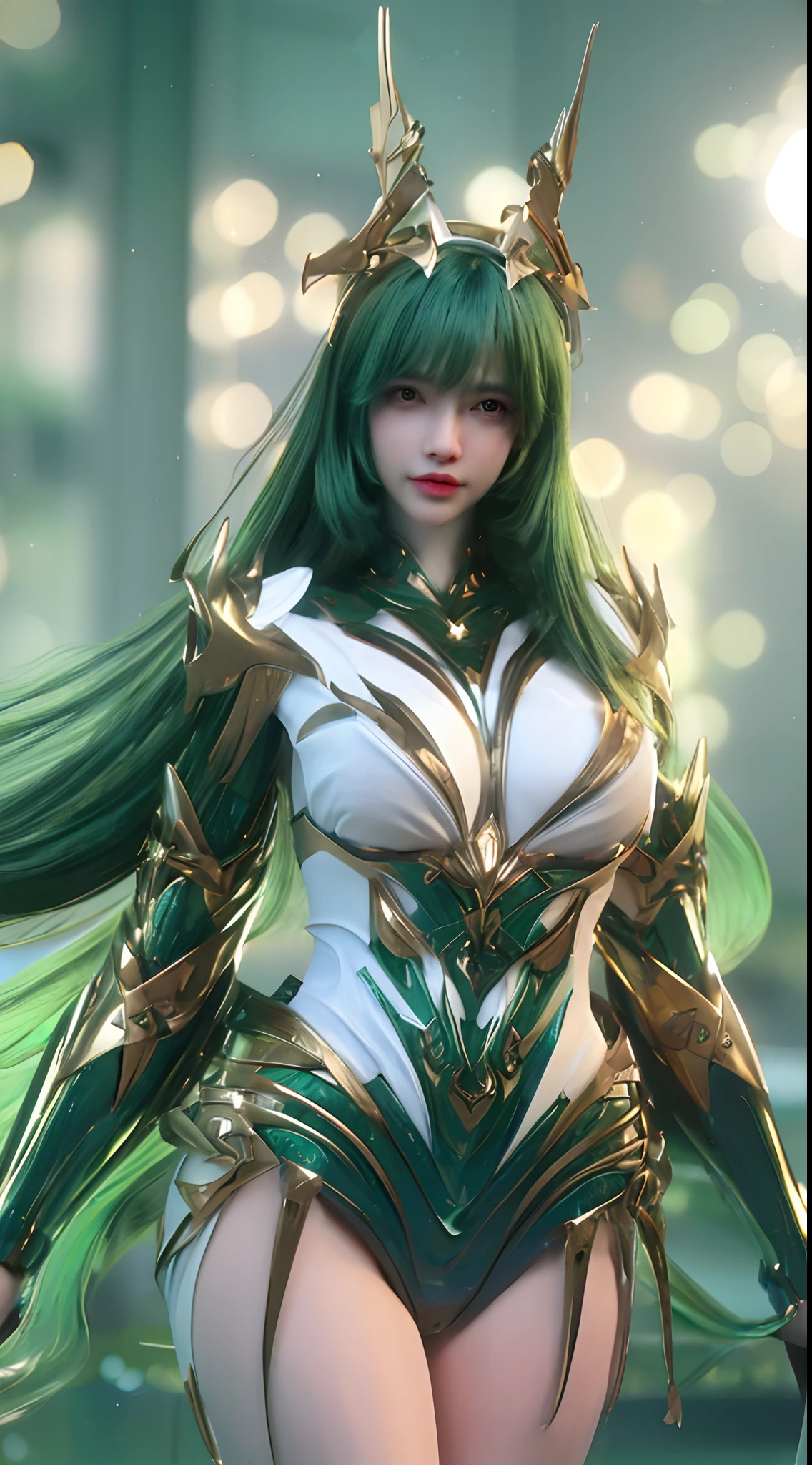 (A complex green-haired woman,Mecha joints and wing radiation, Quiet and dignified, Standing in the water), High-res, Ultra-detailed, Realistic, Vibrant colors, Bokeh, Studio lighting.