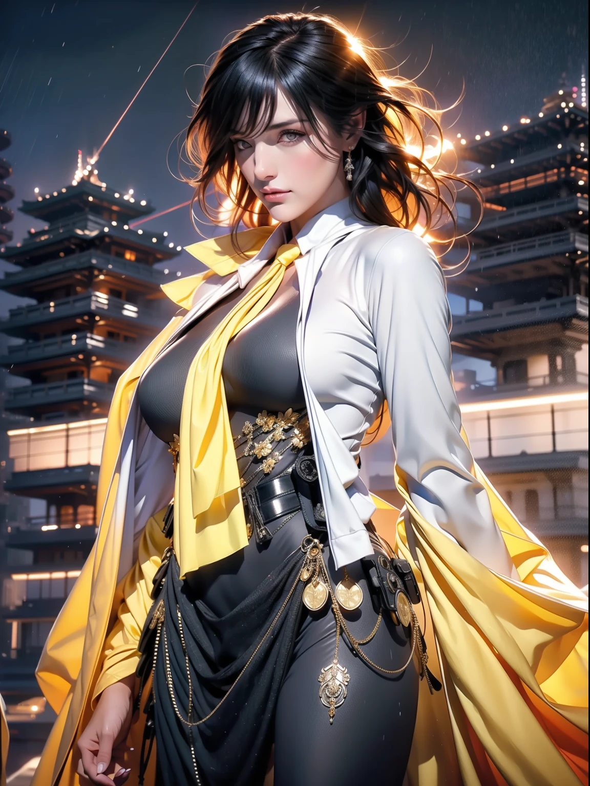 1girl, intricate detail, masterpiece, best quality, extremly detailed,cinematic lighting, beautiful detailed glow, finely detailed beautiful face and eyes, 8k, dark intense shadows, yellow eyes, medium hair, black hair, bangs, floating hair, black jacket, open jacket, white shirt, expressionless, yellow necktie, black skirt, spotlight, sunshine, sunrise, gradient sky, city, lens flare, cowboy shot, [[curvy]], [mature female]
