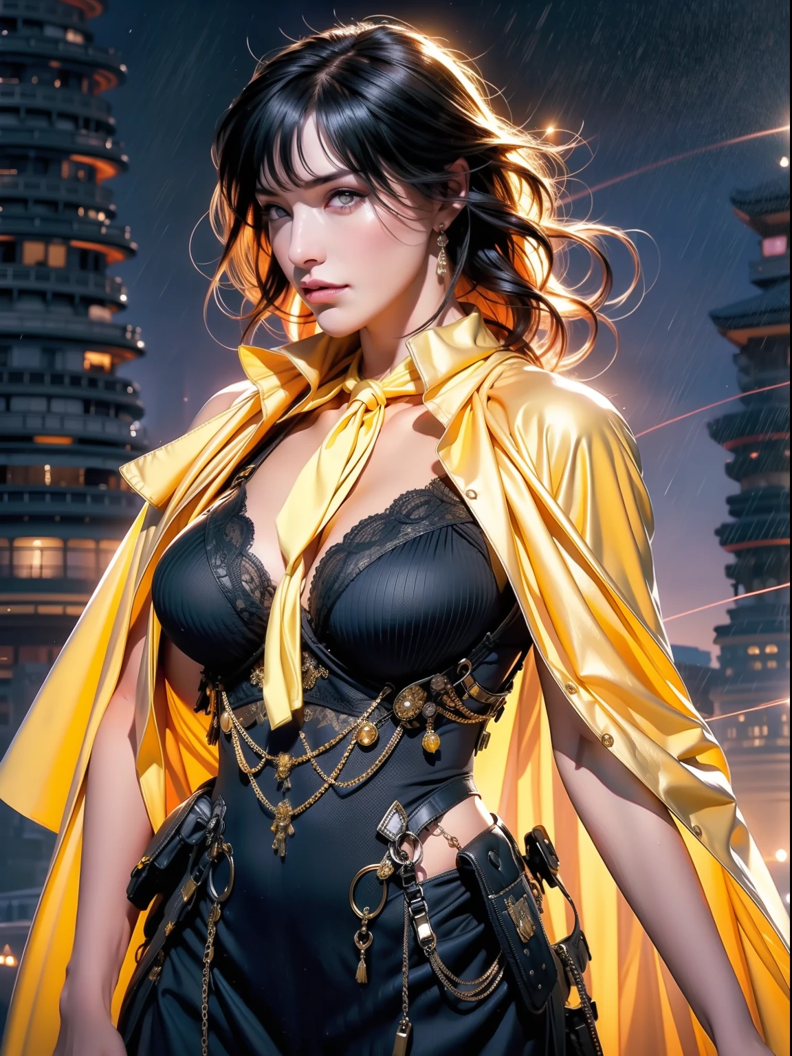 1girl, intricate detail, masterpiece, best quality, extremly detailed,cinematic lighting, beautiful detailed glow, finely detailed beautiful face and eyes, 8k, dark intense shadows, yellow eyes, medium hair, black hair, bangs, floating hair, black jacket, open jacket, white shirt, expressionless, yellow necktie, black skirt, spotlight, sunshine, sunrise, gradient sky, city, lens flare, cowboy shot, [[curvy]], [mature female]