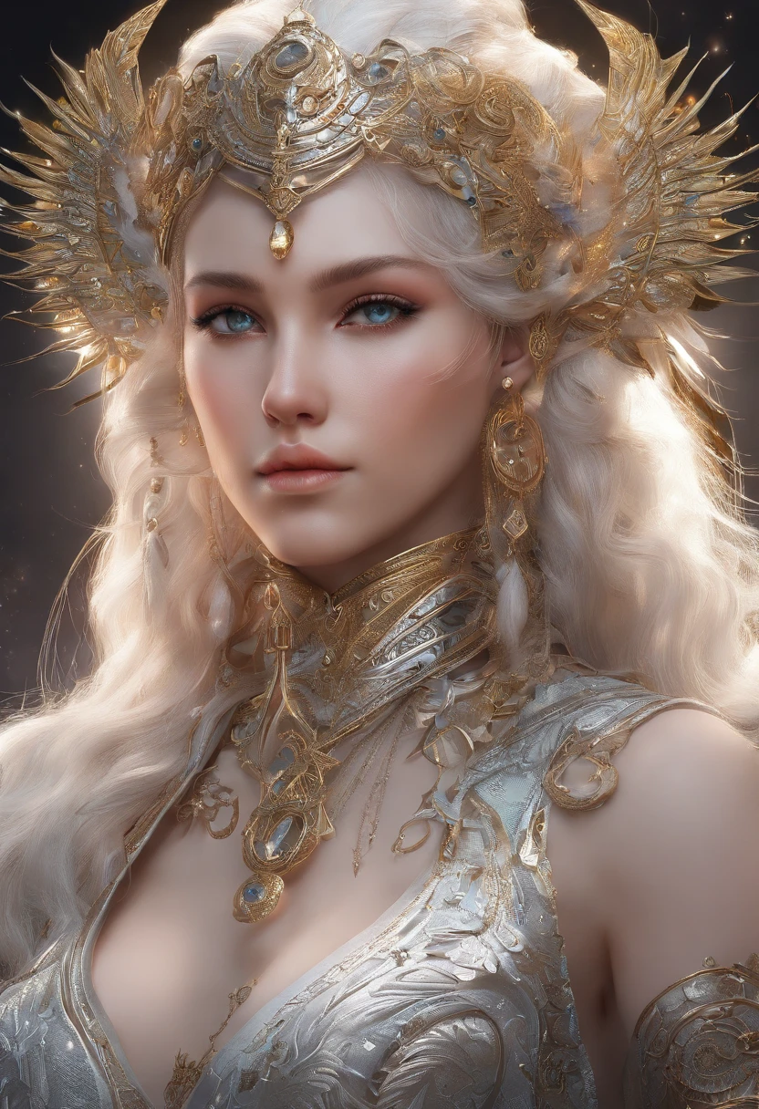 (best qualtiy,ultra - detailed,Most Best Illustration,Best shadow,tmasterpiece,A high resolution,professionalartwork,famousartwork),Detailed eyes,beautful eyes,closeup cleavage,sci-fy,colored sclera,Robot eyes,face markings,Tattooed with,(fractalized,Fractal eyes),largeeyes,Wide eyes,(Eye focus),sface focus,Cosmic eyes,Space eyes,Close-up of a woman with a moon in her hair,goddess。extremly high detail,3d goddess portrait,Extremely detailed footage of the goddess,a stunning portrait of a goddess,Side image of the goddess,portrait of a beautiful goddess,Full body close-up portrait of the goddess,hecate goddess,portrait of a norse moon goddess,goddess of space and time, silver and platinum suits