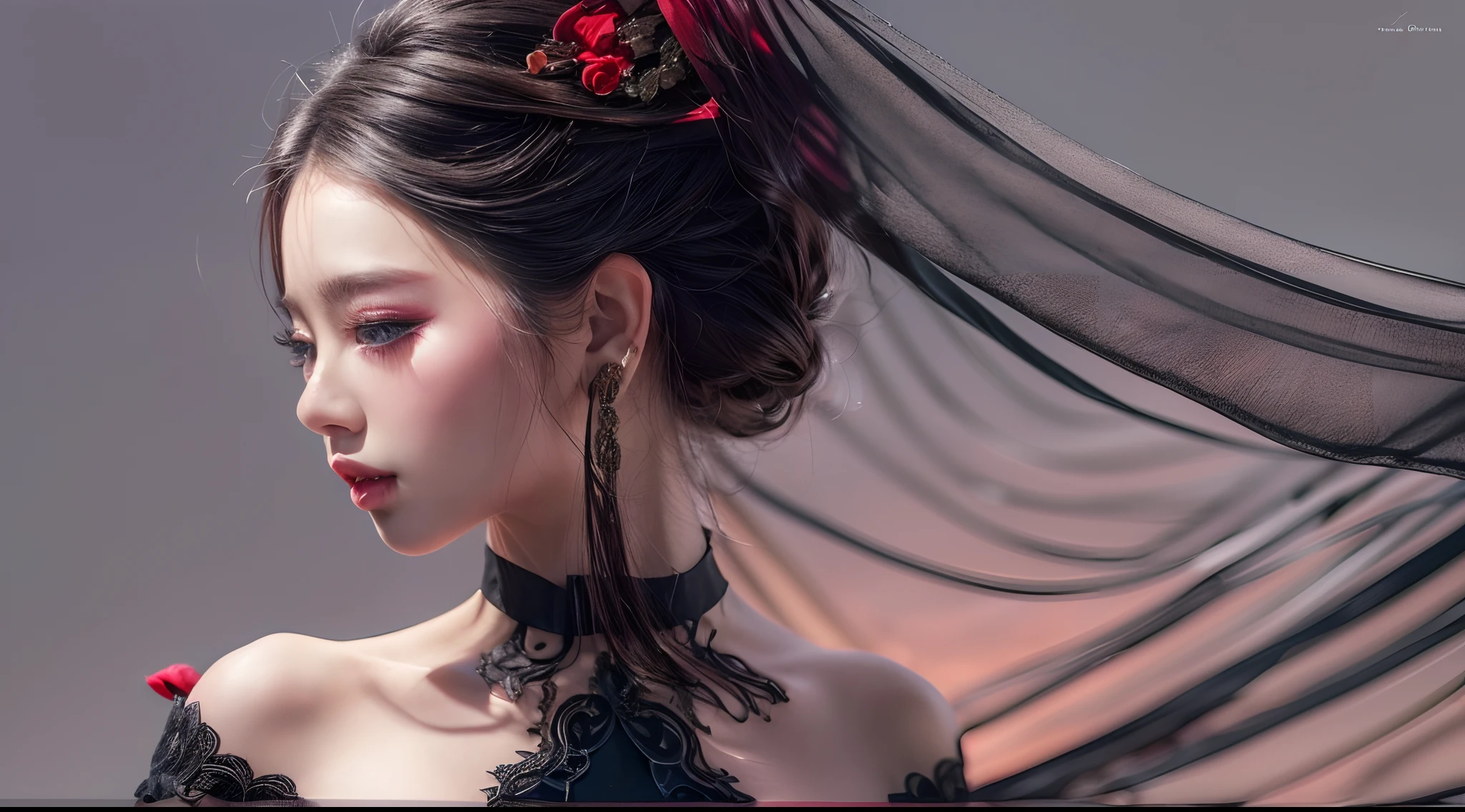 (Best quality,4K,8K,A high resolution,Masterpiece:1.2),Ultra-detailed,(Realistic,Photorealistic,photo-realistic:1.37), A woman with a perfect figure and face, Wearing a black, Sexy, Lace, Openwork evening dress, Walk the red carpet of the banquet.