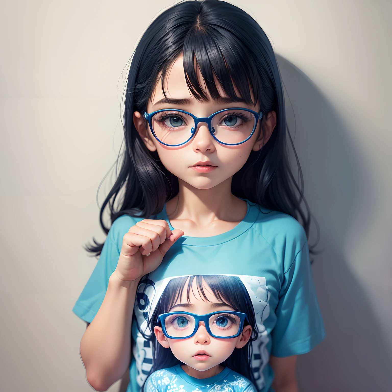 garota. bespectacled. mediano. casaco fino. azul escuro. height of a . e uma camisa. with heart print.