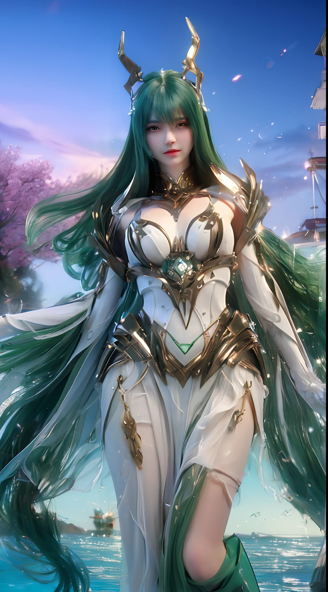 (A complex green-haired woman，Mecha joints and wing radiation, Quiet and dignified, Standing in the water), High-res, Ultra-detailed, Realistic, Vibrant colors, Bokeh, Studio lighting.