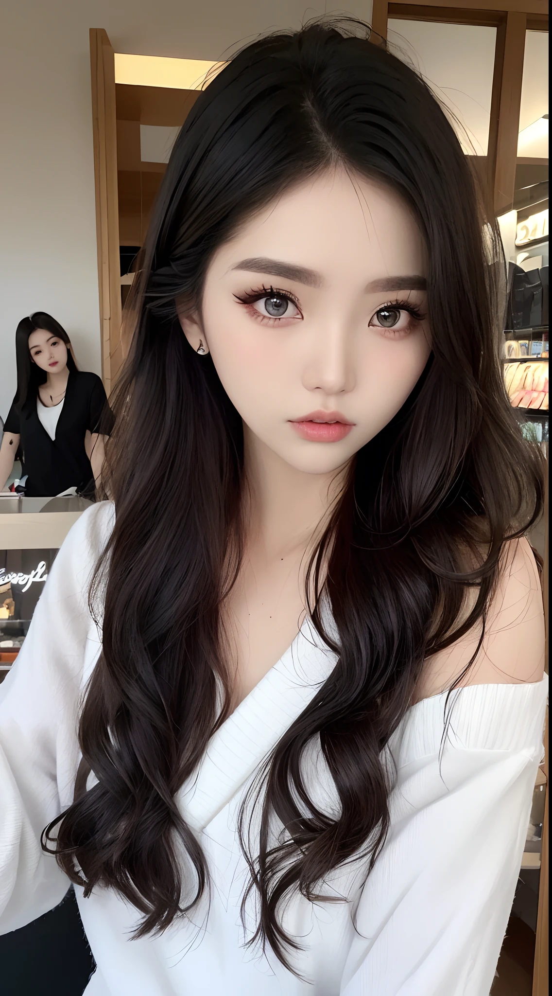 ​masterpiece、top-quality)、1 beutiful girl、Slim body、(Black and white plain clothes:1.1)、(Detailed beautiful eyes)、Shooting in the store、Inside the store、((Black long-haired))、a small face、tall、((Light brown eyes))、((Korean Girl))、((cool lady))、((Wild look))、((Korean Makeup))、((glare at viewer))、((elongated and sharp eyes))、((Dating))