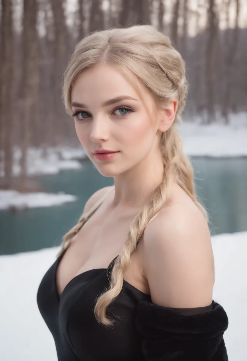 Blonde girl, Full-length black dress above knee level, black tights 20 den, Cyan eyes, The hair is gathered in a pigtail on one side and in a ponytail on the other, Realistic look, Russian, 22 years old, very attractive, Young, fine facial traits, sitting in nature against the backdrop of a winter landscape, Frozen River, trees with snow on their branches