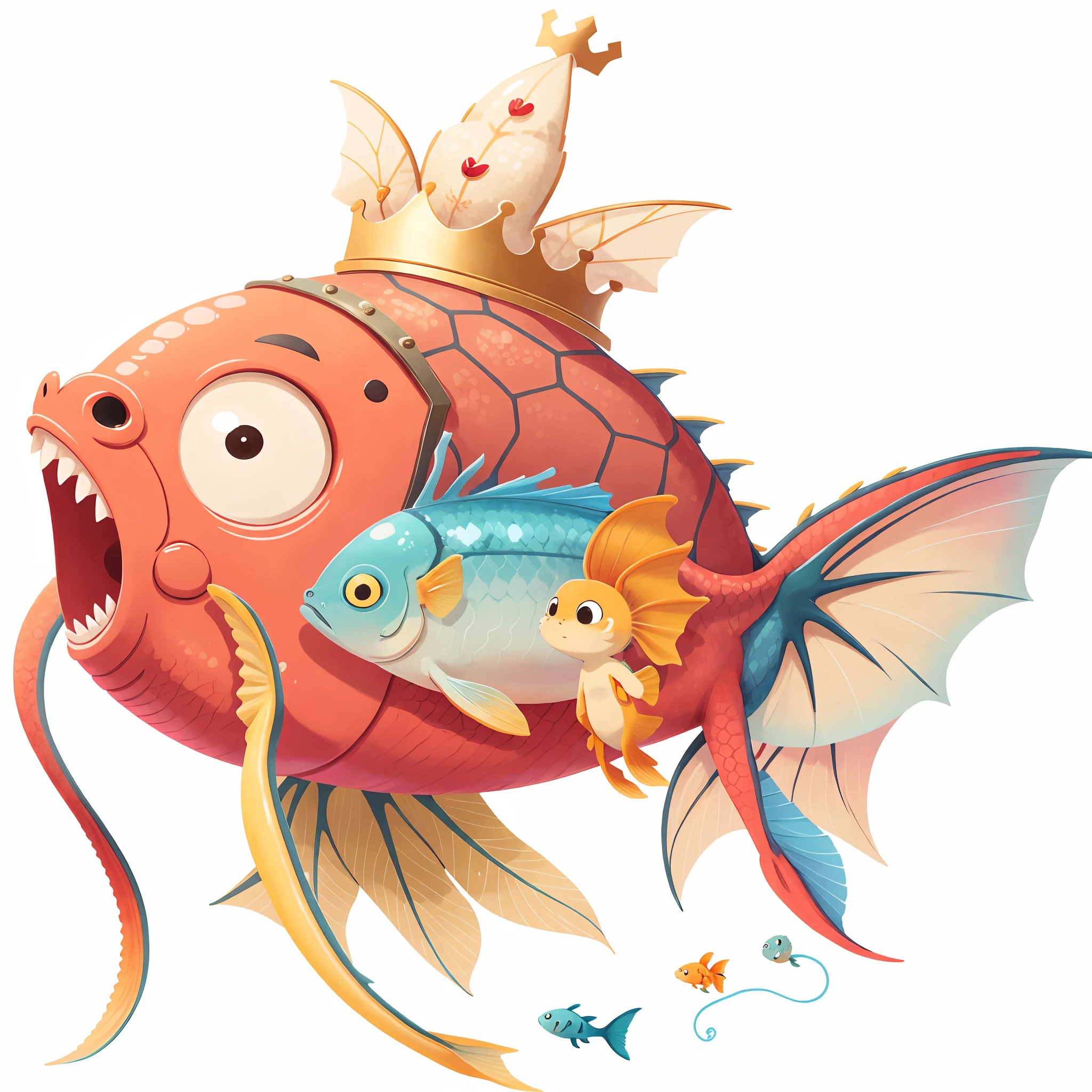 cartoon fish with a crown, fish gills, dragon whiskes, robotic, anthropomorphic warrior fish, ammor fish, danbooru, flying fish, koi, metal gold fin,🚿🗝📝, あかさたなは on twitter, uwu, by Awataguchi Takamitsu, (((high quality)))