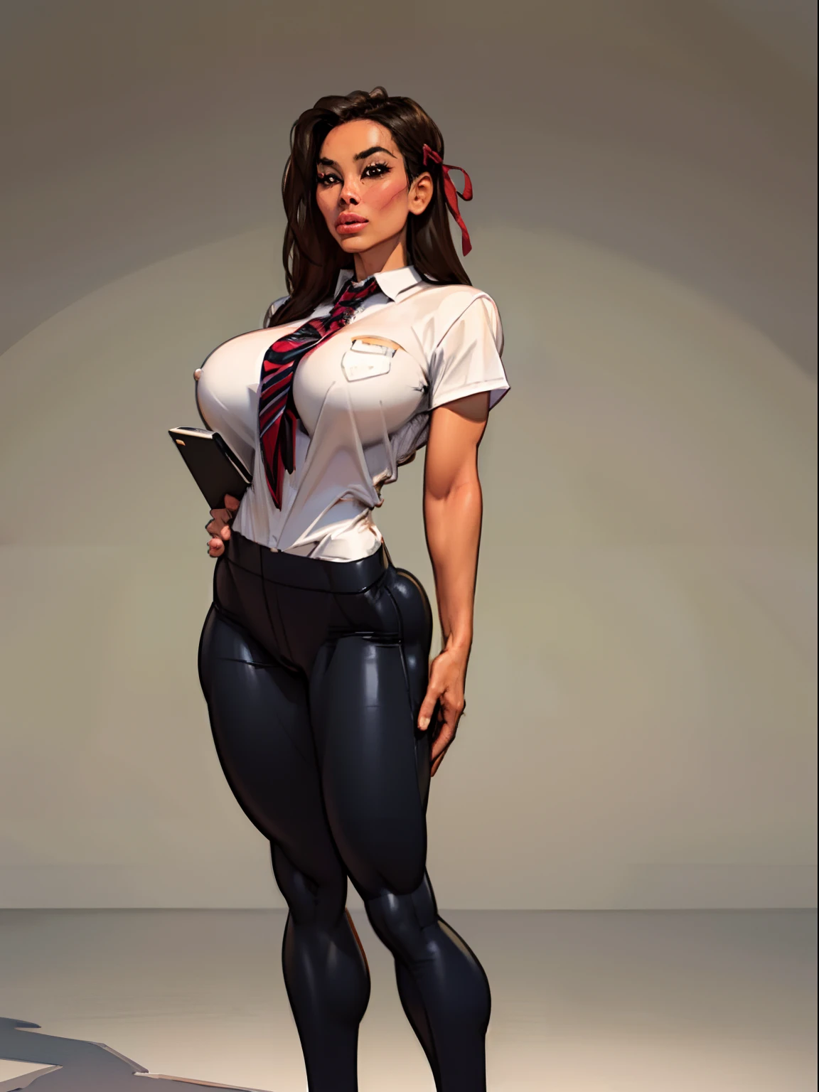 Lonely young adult girl, Tall stature, large chest, closed mouth, asian face: brown eyes; black hair; sharp facial features; dimple on the chin; asian; ; pronounced high cheekbones; high forehead, stands upright, (gigantic breasts:1.4), detailed face, school uniform: large ribbon; pants, Full-length painting, white crew socks, black heels, big eyes, Thepit style