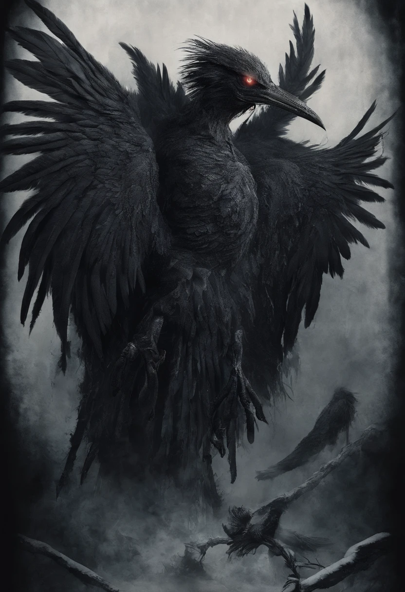 (Extremely detailed), Contemptuous, science fiction,Horror (subject), Harpy Monster, (humanoid bird), black feathers, Huge plumage, wings, beak, Bird's Head, black feathers, Snow Fantasy, Blood in paper,Dust in paper