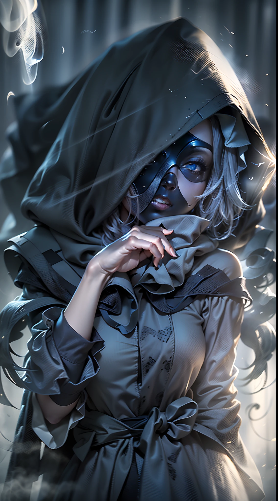 Blue smoke background, (Fique de corpo inteiro para tirar fotos:1.5), The golden ratio, [(Black fog black smoke composed by the body:1.5), (+perfect hand+:1.21), (Assassinos europeus antigos, Black bathrobe with full body hood, mascarado, (((+++Black fog and body intertwined))))], (extremamente detalhado CG unidade 32k papel de parede:1.1), (tmasterpiece:1.37), (circunstanciado:1.15), luz fraca, (Olhe para o Visualizador), Cinematic light, side-lighting, 1girl, HDR, Perfect iris, ray tracing, UHD, (best quality:1.13)