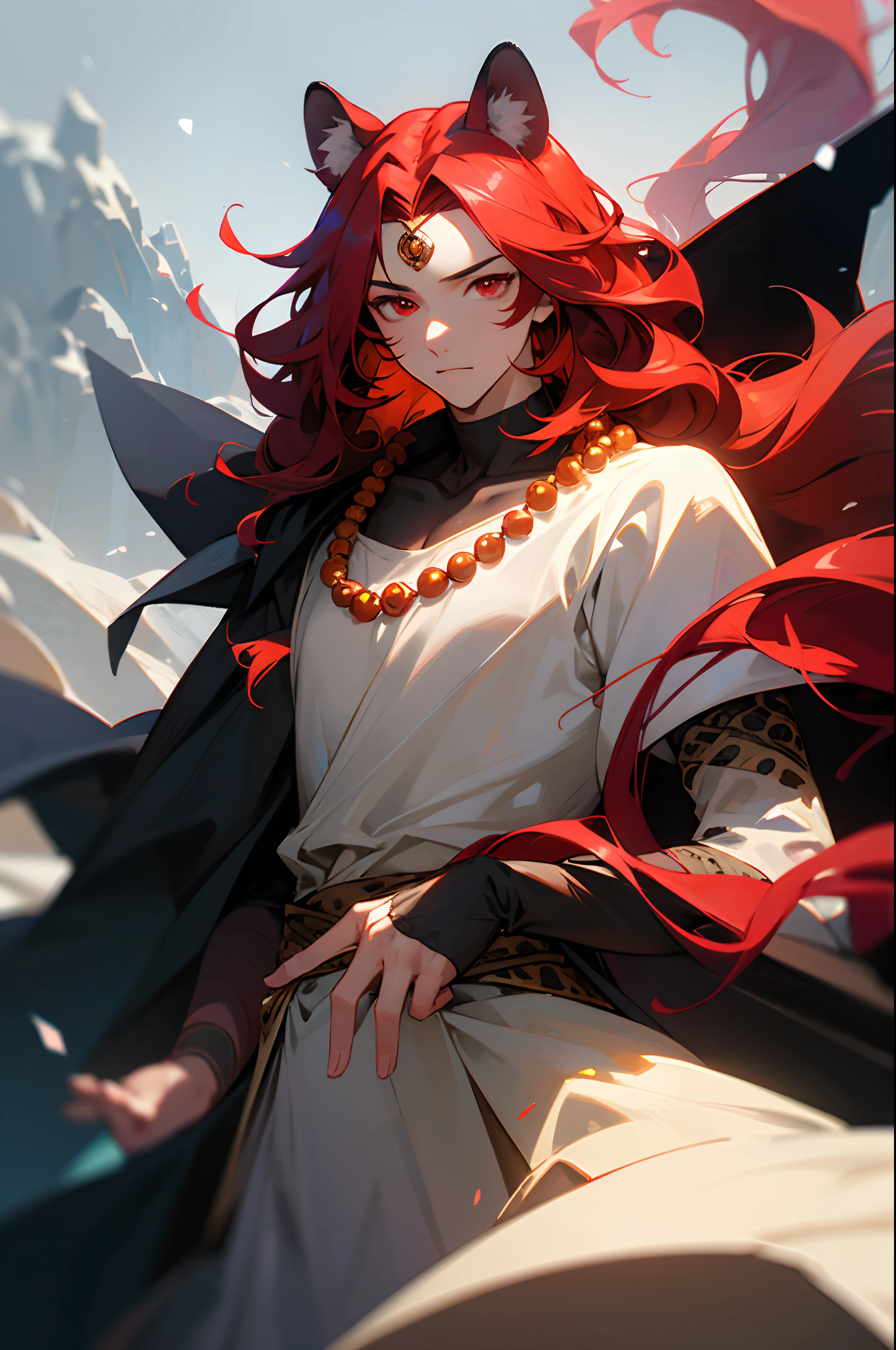 (masterpiece, best quality:1.2),1boy, upper body,tail, large tail, red hair, very long hair, wavy hair, red eyes, detailed eyes, multicolored hair, circlet, bead necklace, animal ears, leopard ears, black cape, white dress, hip vent, pelvic curtain, snowy, snowy mountains, blizzard, volumetric lighting, subsurface scattering, cinematic lighting, chiaroscuro, floating hair, hand on own chest, mature look