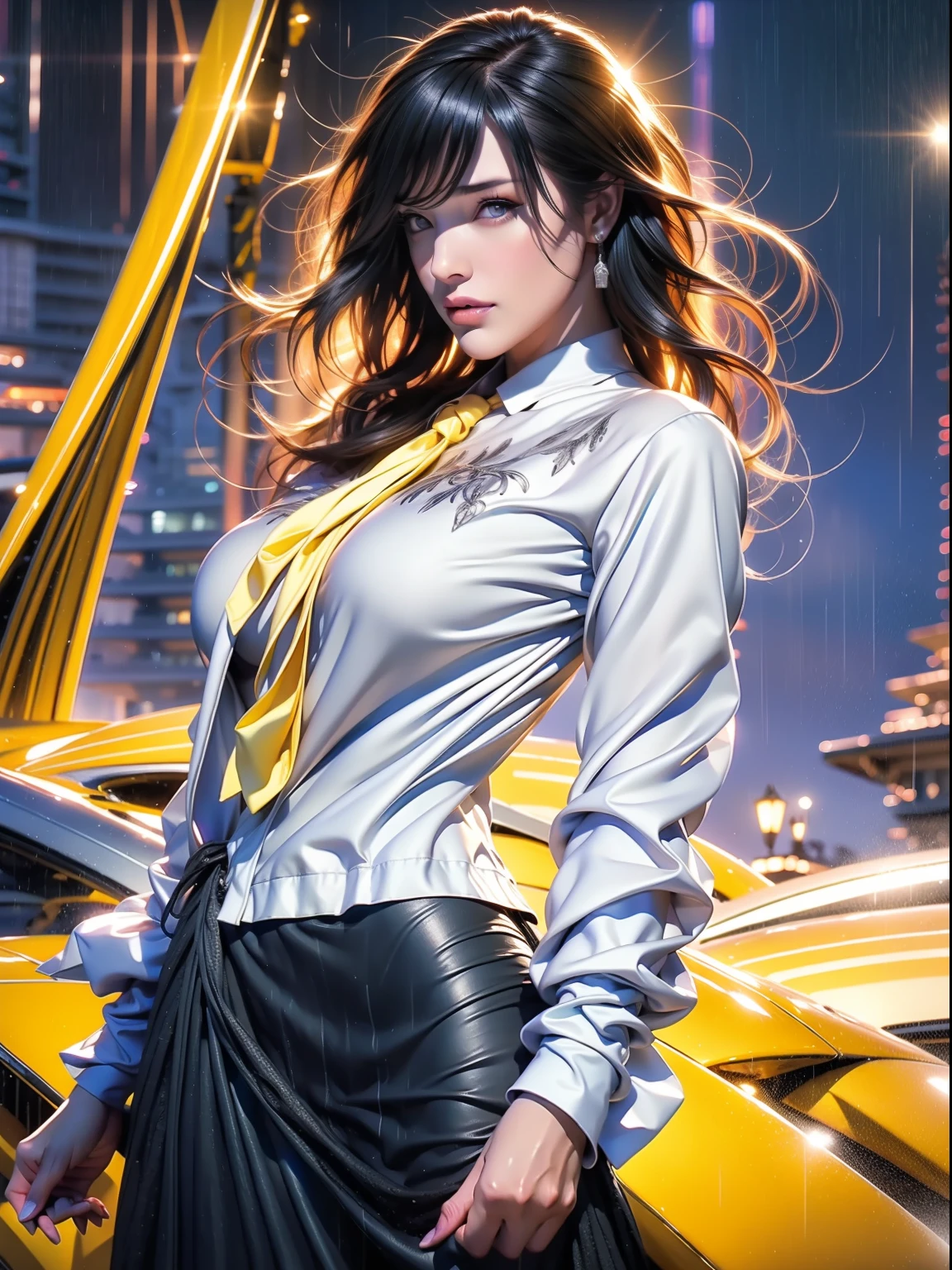 1girl, intricate detail, masterpiece, best quality, extremly detailed,cinematic lighting, beautiful detailed glow, finely detailed beautiful face and eyes, 8k, dark intense shadows, yellow eyes, medium hair, black hair, bangs, floating hair, black jacket, open jacket, white shirt, expressionless, yellow necktie, black skirt, spotlight, sunshine, sunrise, gradient sky, city, lens flare, cowboy shot, [[curvy]], [mature female]