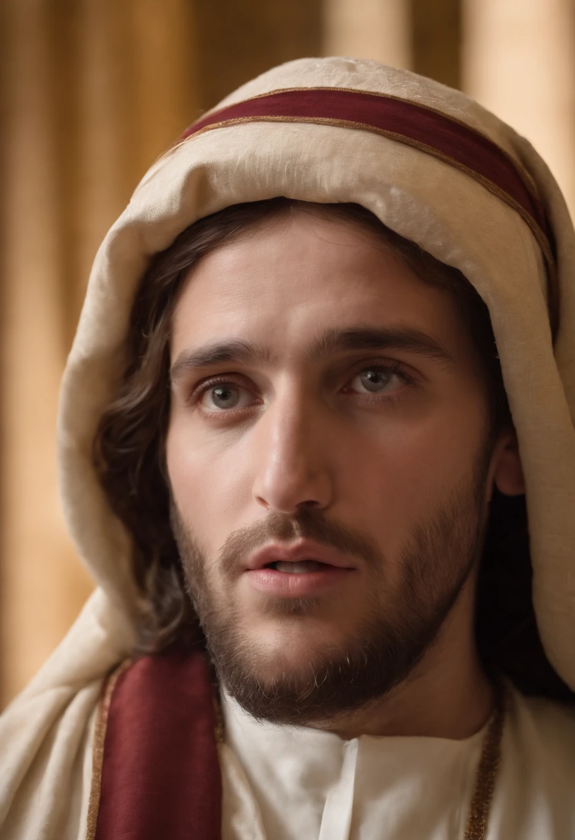 it generates a cinematic portrait of the baby Jesus debating with the Pharisees in the court of the temple in Jerusalem and with gestures of admiration on the faces of the Pharisees, When you have a straight view