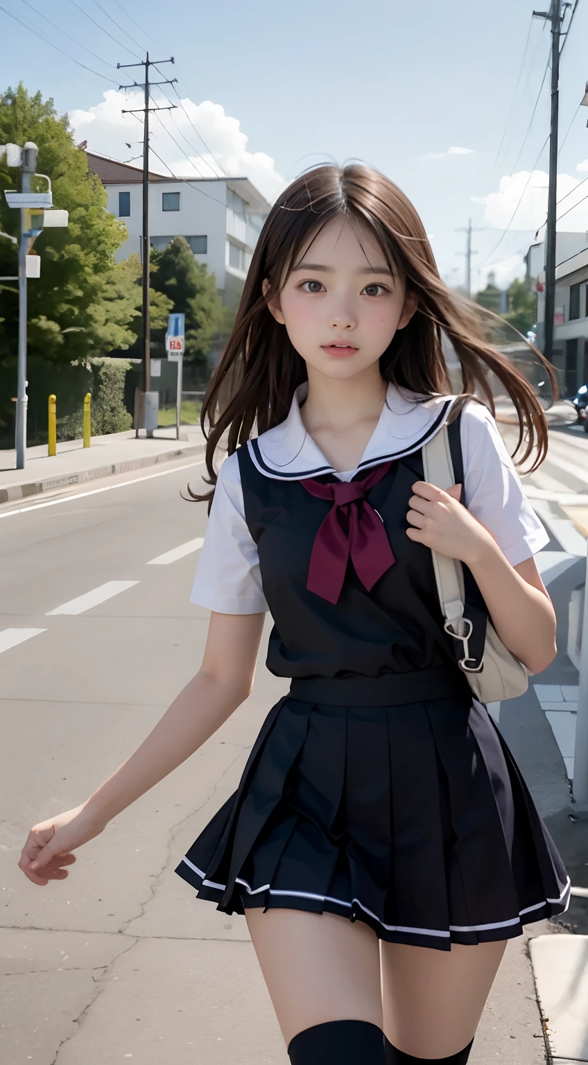 1girl in , , Desperate face, Blue eyes, masutepiece, Best Quality, Detailed, Lori, Girly running,
a junioror School Uniform, Lori, tits out, On the way to school, (slender:1), Ajar mouth
Japanese, small brest, Vulgarity,