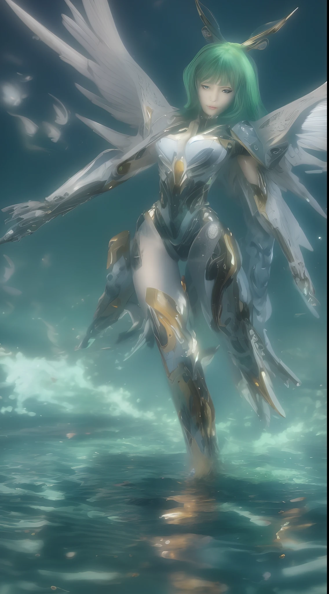 (A complex green-haired woman，Mecha joints and wing radiation, Quiet and dignified, Standing in the water), High-res, Ultra-detailed, Realistic, Vibrant colors, Bokeh, Studio lighting.