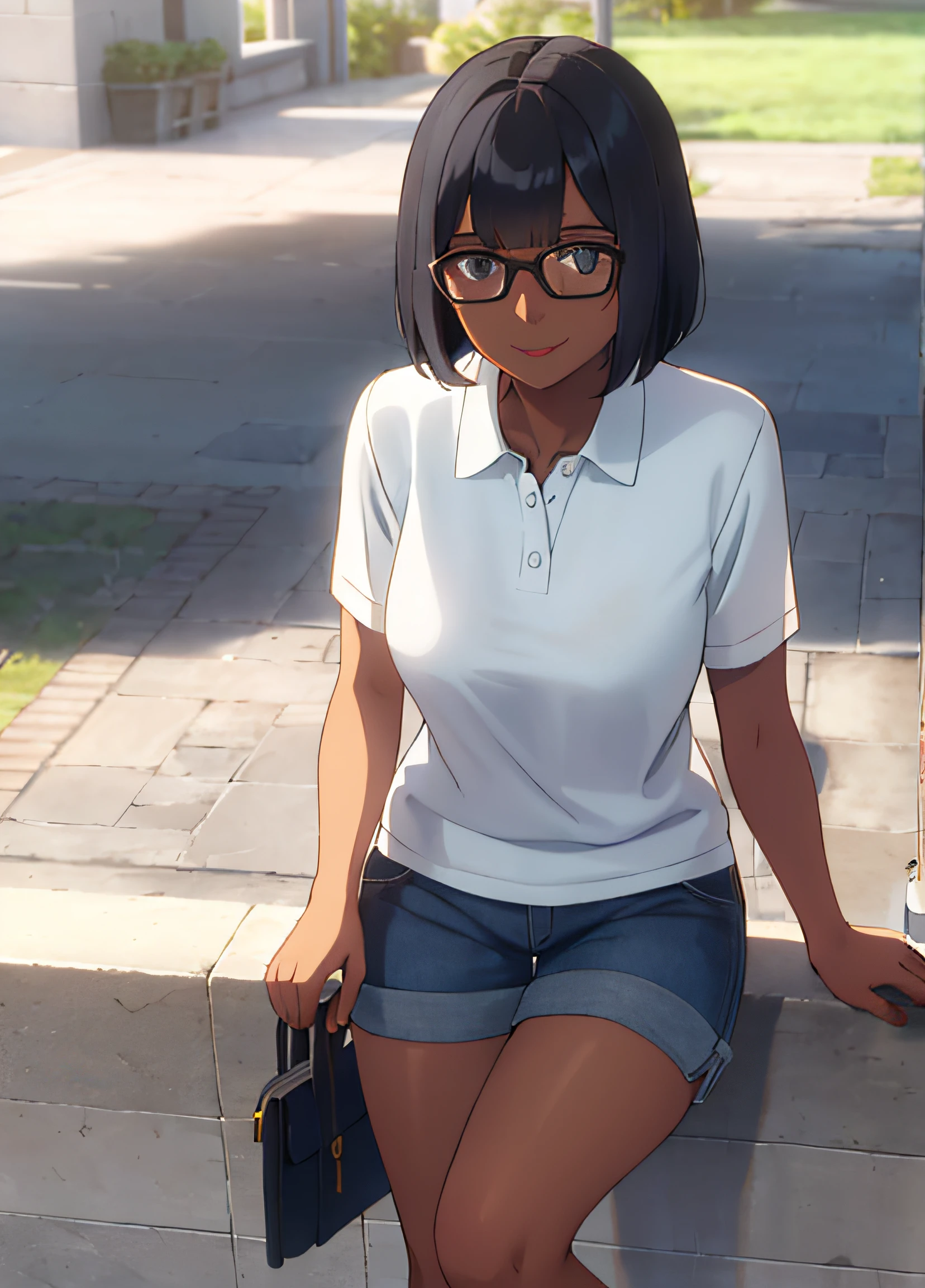 solo, 1girl, bangs, short black hair, dark skin, blue eyes, collared shirt, looking at viewer, outdoors, glasses, white polo, blue shorts, smile