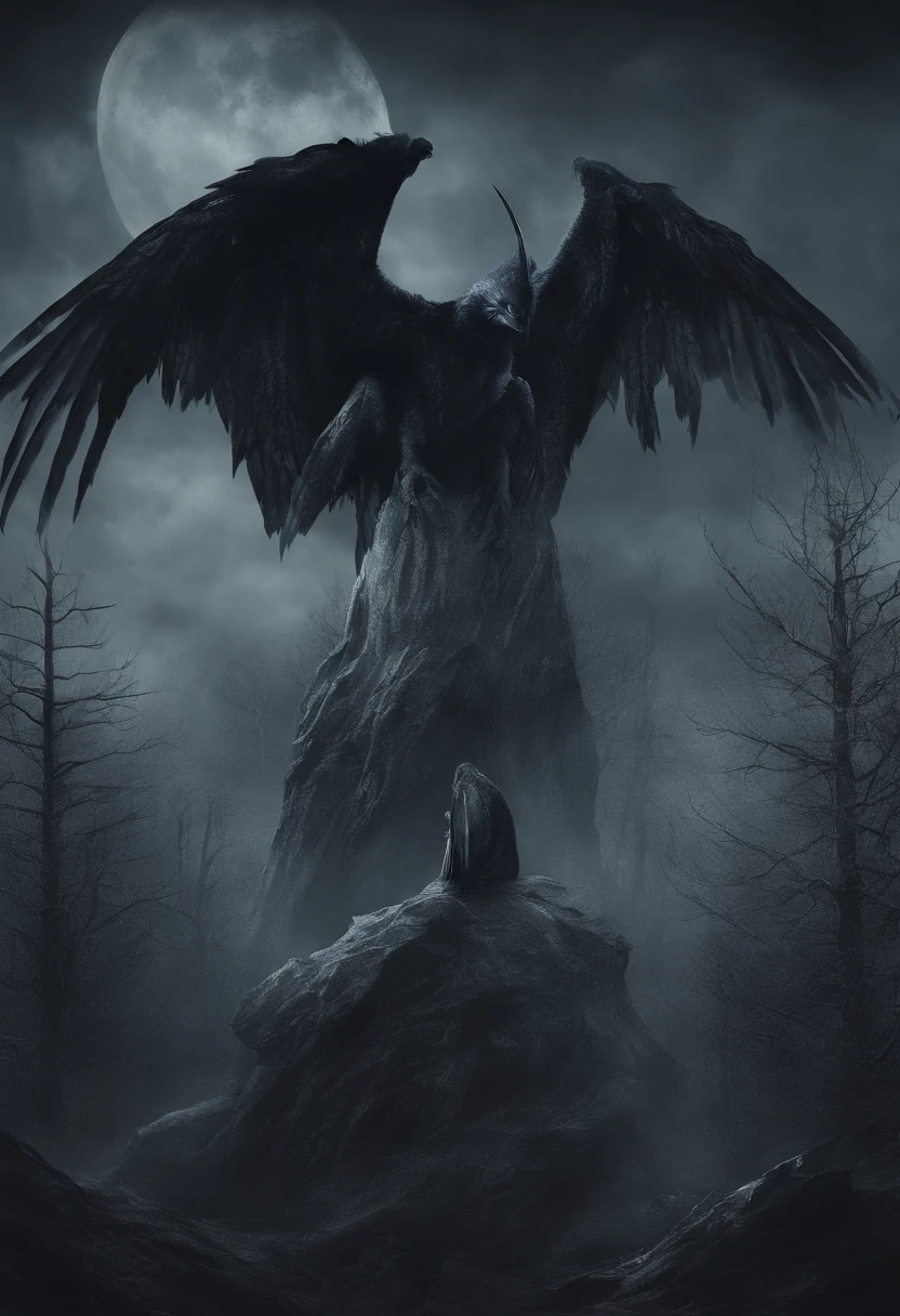 (best quality,highres:1.2),ultra-detailed,realistic:1.37,harpies,giant humanoid demon,black feathers,snowy fantasy,illustration,dark fantasy,mythical creature,menacing presence,glistening feathers,sharp talons,eerie atmosphere,foreboding landscape,frozen trees,majestic wings,ominous sky,hints of moonlight,mysterious eyes,mystical aura,dramatic lighting,imposing figure,ethereal beauty,dynamic composition, detailed textures,great attention to detail,vivid colors,rich shadows,haunting,fluid brushwork,otherworldly,stormy weather,magical realism,expressionistic style,ancient legends,folklore,ominous presence,captivating artwork