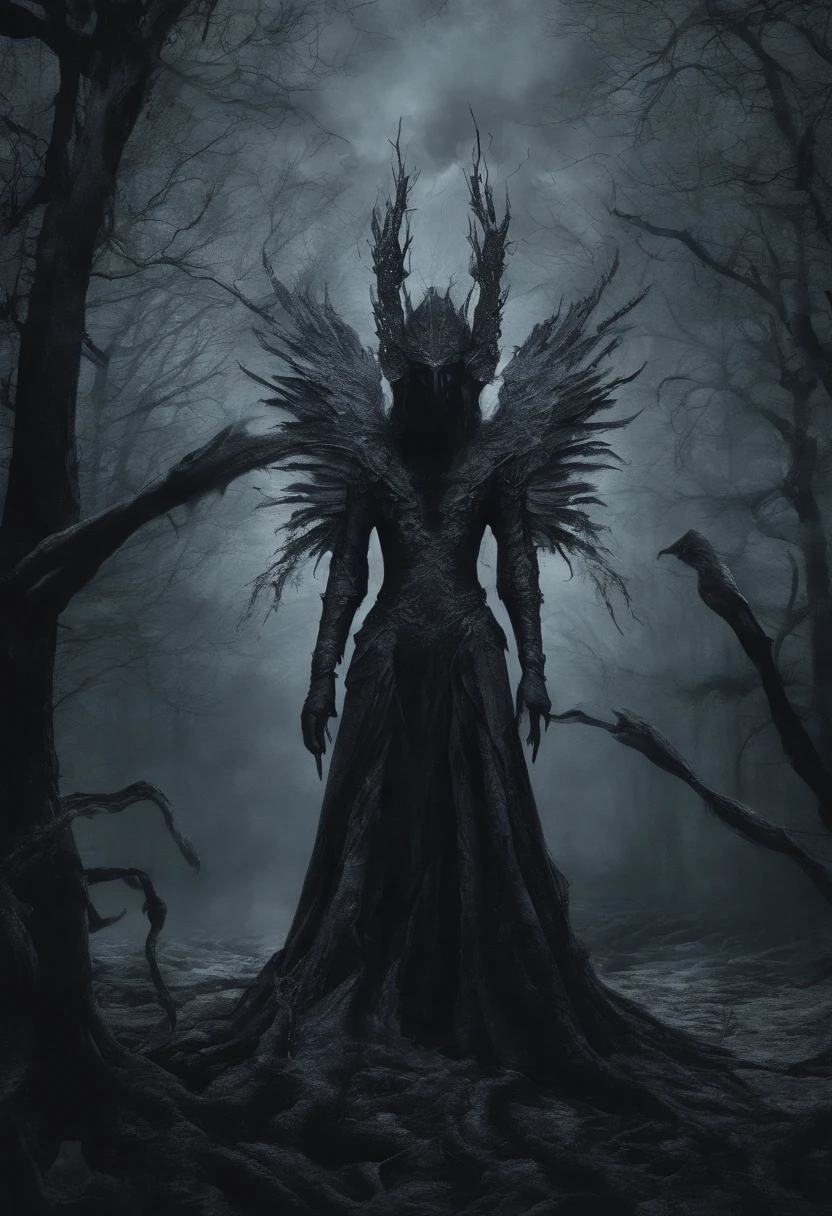 (best quality,highres:1.2),ultra-detailed,realistic:1.37,harpies,giant humanoid demon,black feathers,snowy fantasy,illustration,dark fantasy,mythical creature,menacing presence,glistening feathers,sharp talons,eerie atmosphere,foreboding landscape,frozen trees,majestic wings,ominous sky,hints of moonlight,mysterious eyes,mystical aura,dramatic lighting,imposing figure,ethereal beauty,dynamic composition, detailed textures,great attention to detail,vivid colors,rich shadows,haunting,fluid brushwork,otherworldly,stormy weather,magical realism,expressionistic style,ancient legends,folklore,ominous presence,captivating artwork