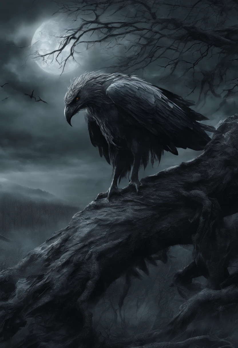 (best quality,highres:1.2),ultra-detailed,realistic:1.37,harpies,giant humanoid demon,black feathers,snowy fantasy,illustration,dark fantasy,mythical creature,menacing presence,glistening feathers,sharp talons,eerie atmosphere,foreboding landscape,frozen trees,majestic wings,ominous sky,hints of moonlight,mysterious eyes,mystical aura,dramatic lighting,imposing figure,ethereal beauty,dynamic composition, detailed textures,great attention to detail,vivid colors,rich shadows,haunting,fluid brushwork,otherworldly,stormy weather,magical realism,expressionistic style,ancient legends,folklore,ominous presence,captivating artwork