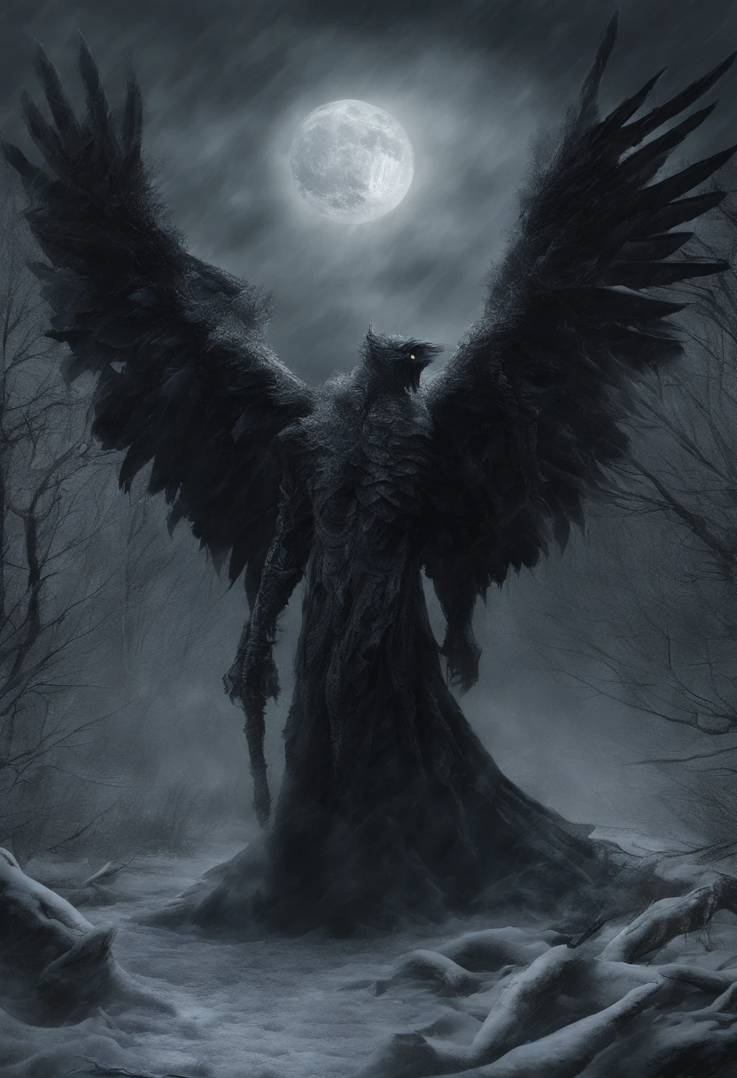(best quality,highres:1.2),ultra-detailed,realistic:1.37,harpies,giant humanoid demon,black feathers,snowy fantasy,illustration,dark fantasy,mythical creature,menacing presence,glistening feathers,sharp talons,eerie atmosphere,foreboding landscape,frozen trees,majestic wings,ominous sky,hints of moonlight,mysterious eyes,mystical aura,dramatic lighting,imposing figure,ethereal beauty,dynamic composition, detailed textures,great attention to detail,vivid colors,rich shadows,haunting,fluid brushwork,otherworldly,stormy weather,magical realism,expressionistic style,ancient legends,folklore,ominous presence,captivating artwork