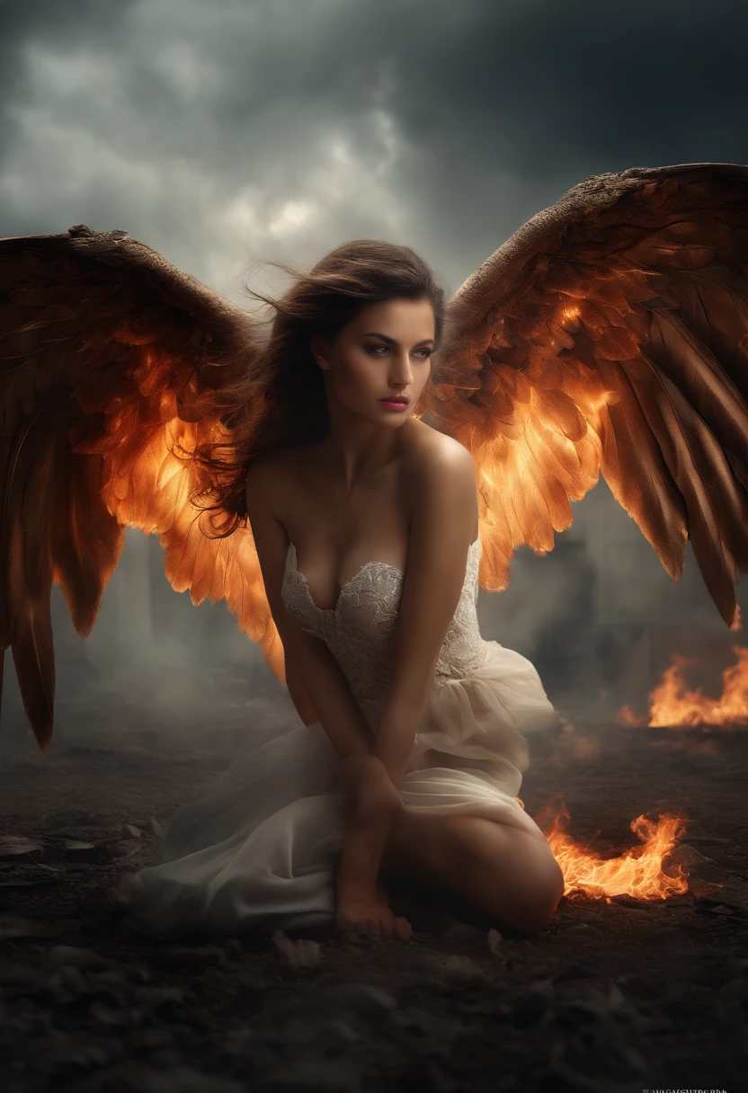 mejor calidad, obra maestra, ultra-high-resolution, (realistic photograph:1.4), surrealismo, Similar to a dream,FusionArt, Female evil fallen angel with huge wings of fire lying on the ground, in an apocalyptic city in flames, staring at the camera, Magia de sombras, Control de la oscuridad, secreto, Paso de sombra, Hechizos fronterizos, Cuchilla oculta, small breasts: 0.5), (toned body: 1, 2). (showing breasts), ?????? and nipple showing, ?????? detail, (small breasts). ???????