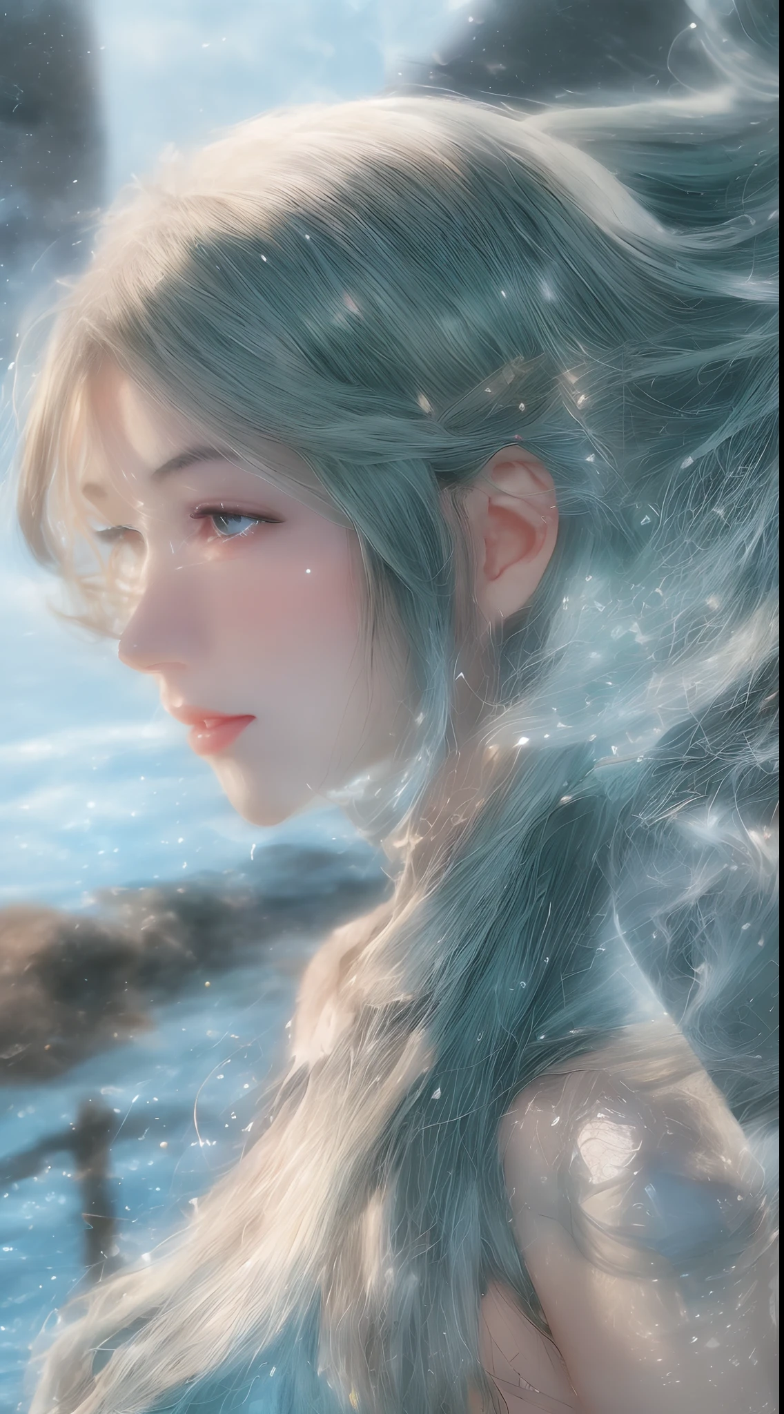 (A complex green-haired woman,Mecha joints and wing radiation, Quiet and dignified, Standing in the water), High-res, Ultra-detailed, Realistic, Vibrant colors, Bokeh, Studio lighting.