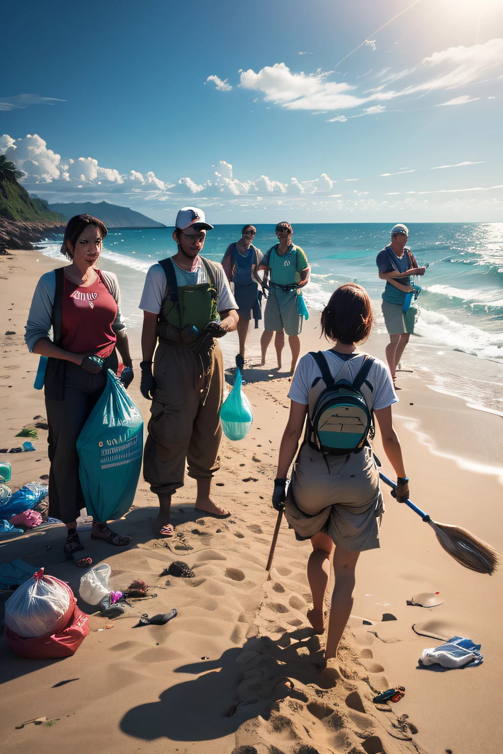 A group of environmental activists men and women, cleaning up a litter-strewn beach, bags filled with trash and recyclables. 4k High Res detailed